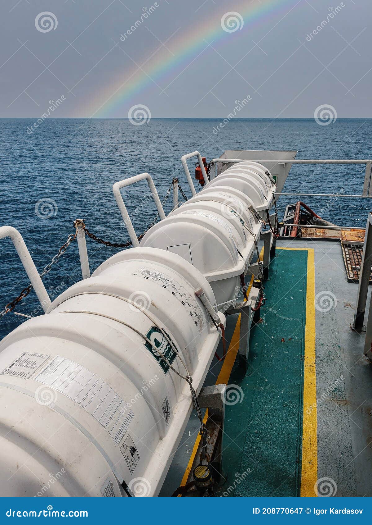 liferafts on the deck of ocean offshore vessel. lsa life saving equipment.