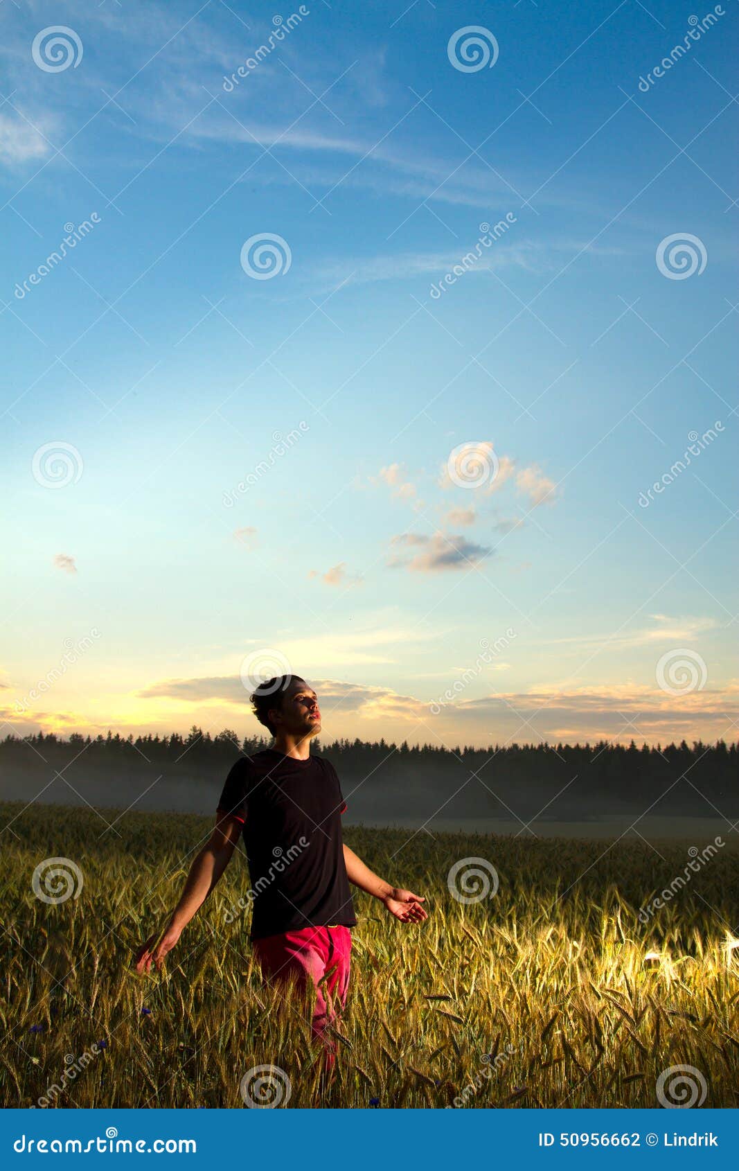 Lifestyle un homme dans un domaine au coucher du soleil appréciant la vie, le temps beau, l'air frais et le silence