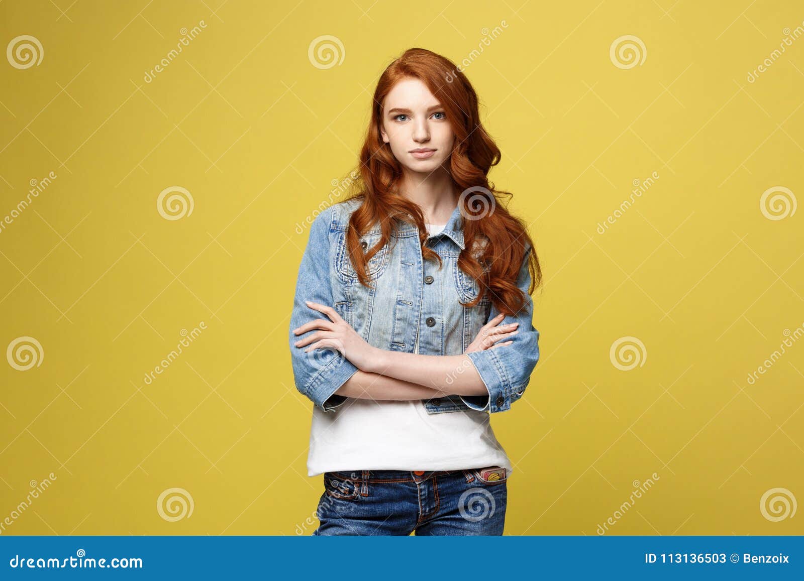 Lifestyle Concept: Young Caucasian Beautiful Woman in Denim Jacket ...