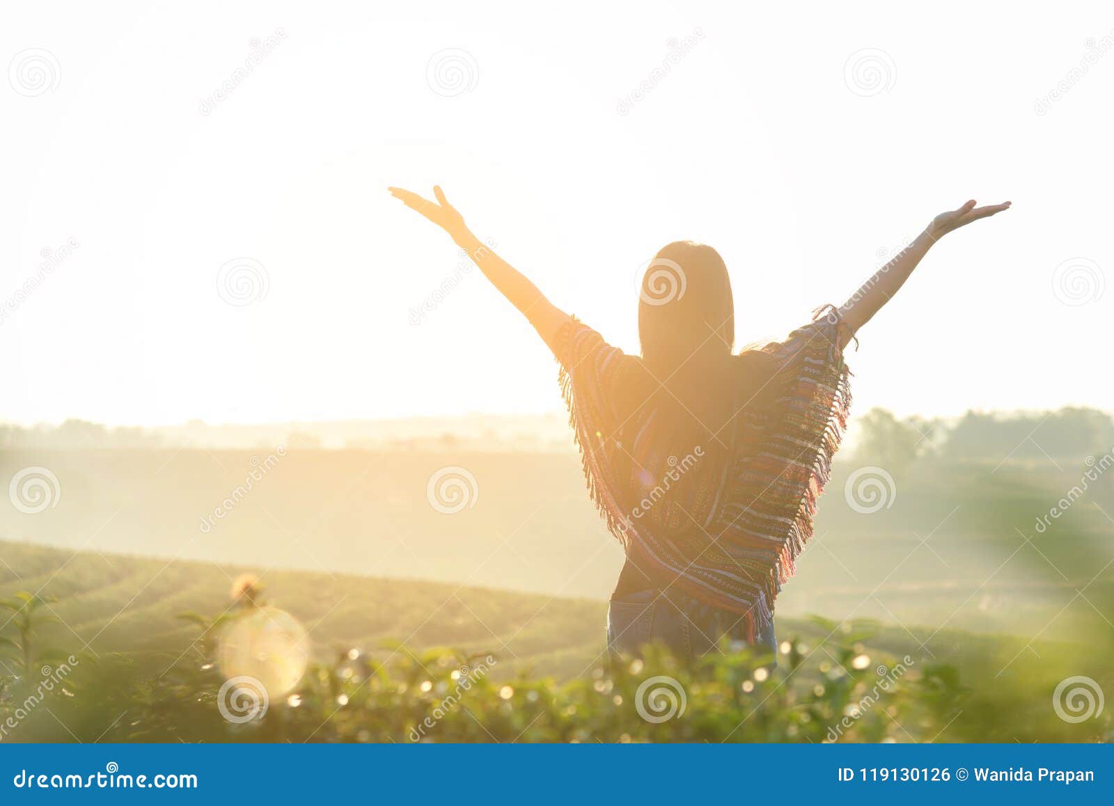 lifestyle traveler women happy feeling good relax and freedom facing on the natural tea farm in the sunrise morning,