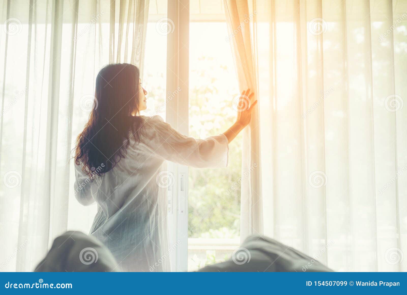 Lifestyle Women Open Window After Get Up The White Bed In Morning ... Open Window At Morning