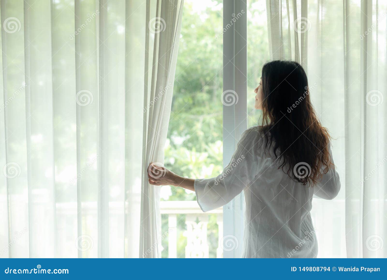 Lifestyle Women Open Window After Get Up The White Bed In Morning ... Open Window At Morning