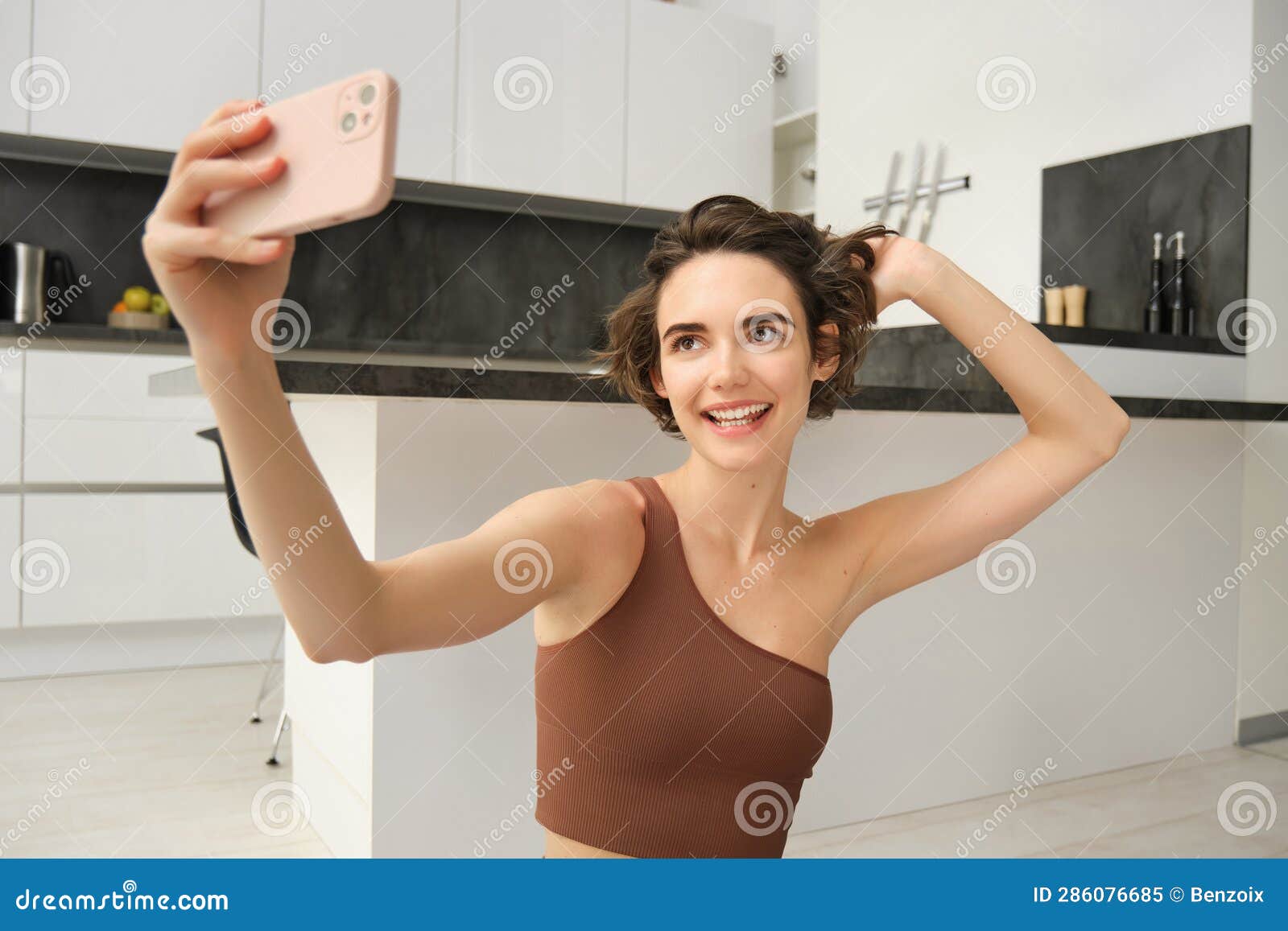 Lifestyle And Workout Modern Fitness Girl Takes Selfie On Yoga Mat