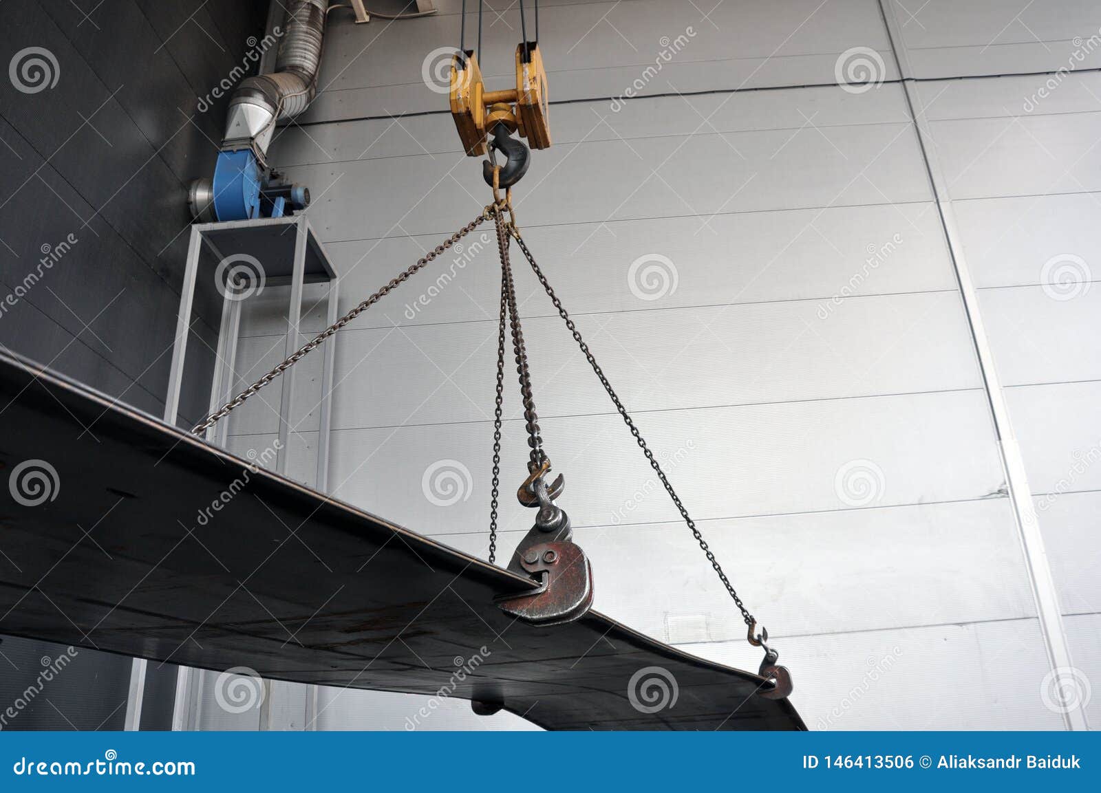 Lifting Chains And Hooks For Loading Sheet Metal. Grab Stock Photo Image of equipment