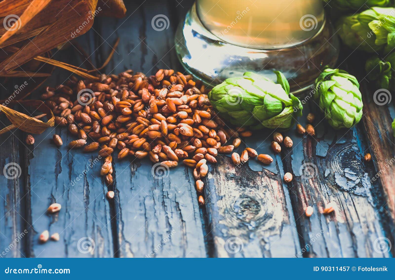Light Beer, Malt, Hops, Barley Ears on the Table Stock Image Image of