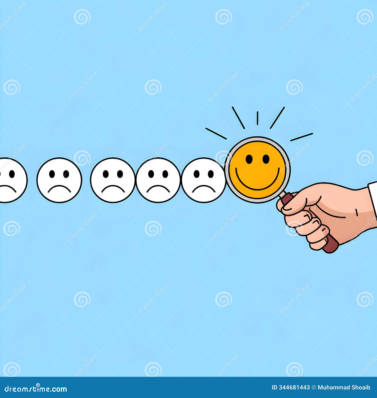 sad face icons, magnifying glass changes one to smile, suggesting positivity