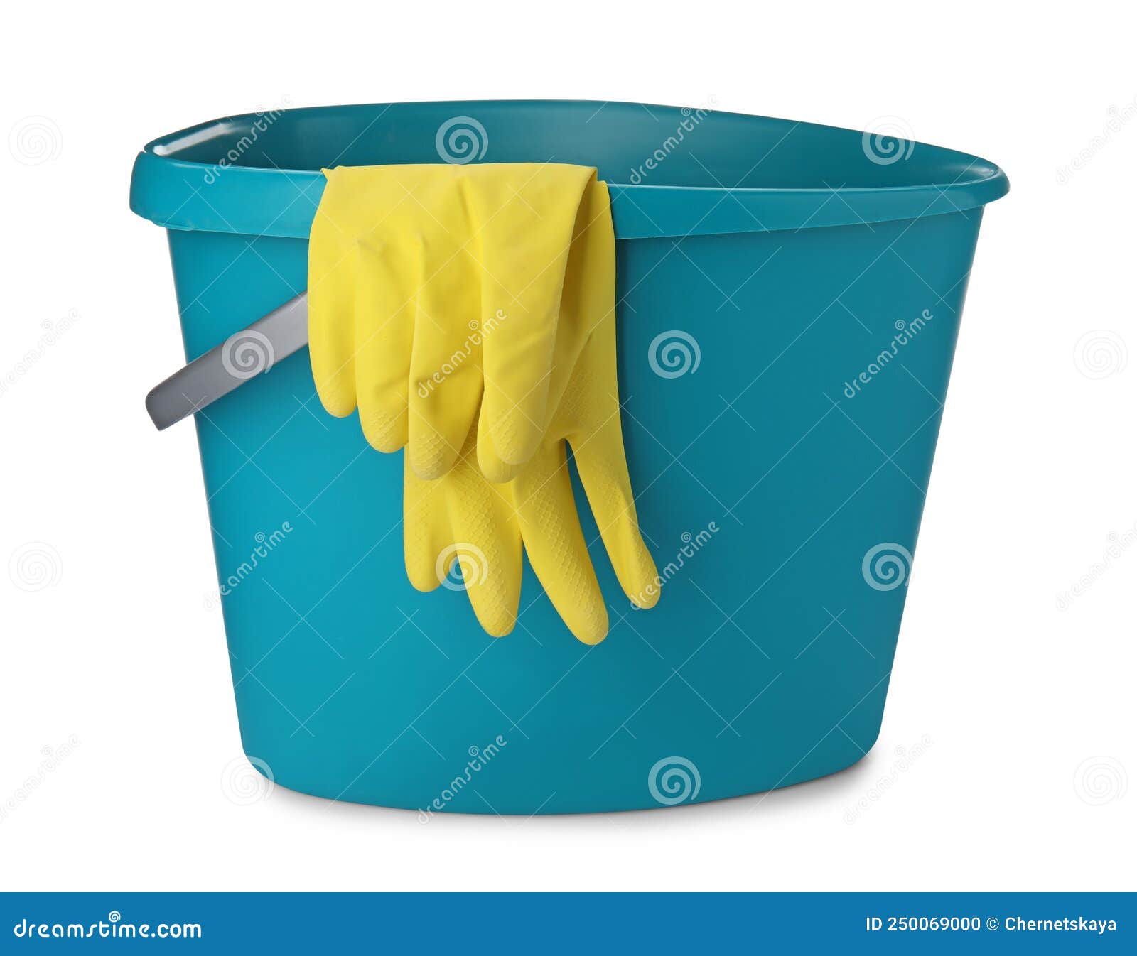 Light Blue Bucket with Gloves for Cleaning Isolated on White Stock