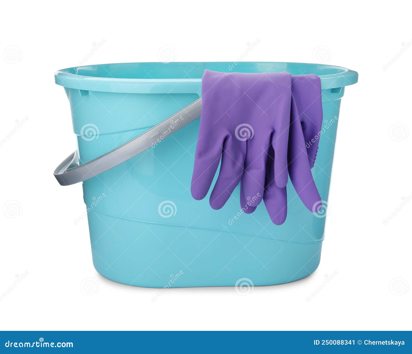 Light Blue Bucket with Gloves for Cleaning Isolated on White Stock
