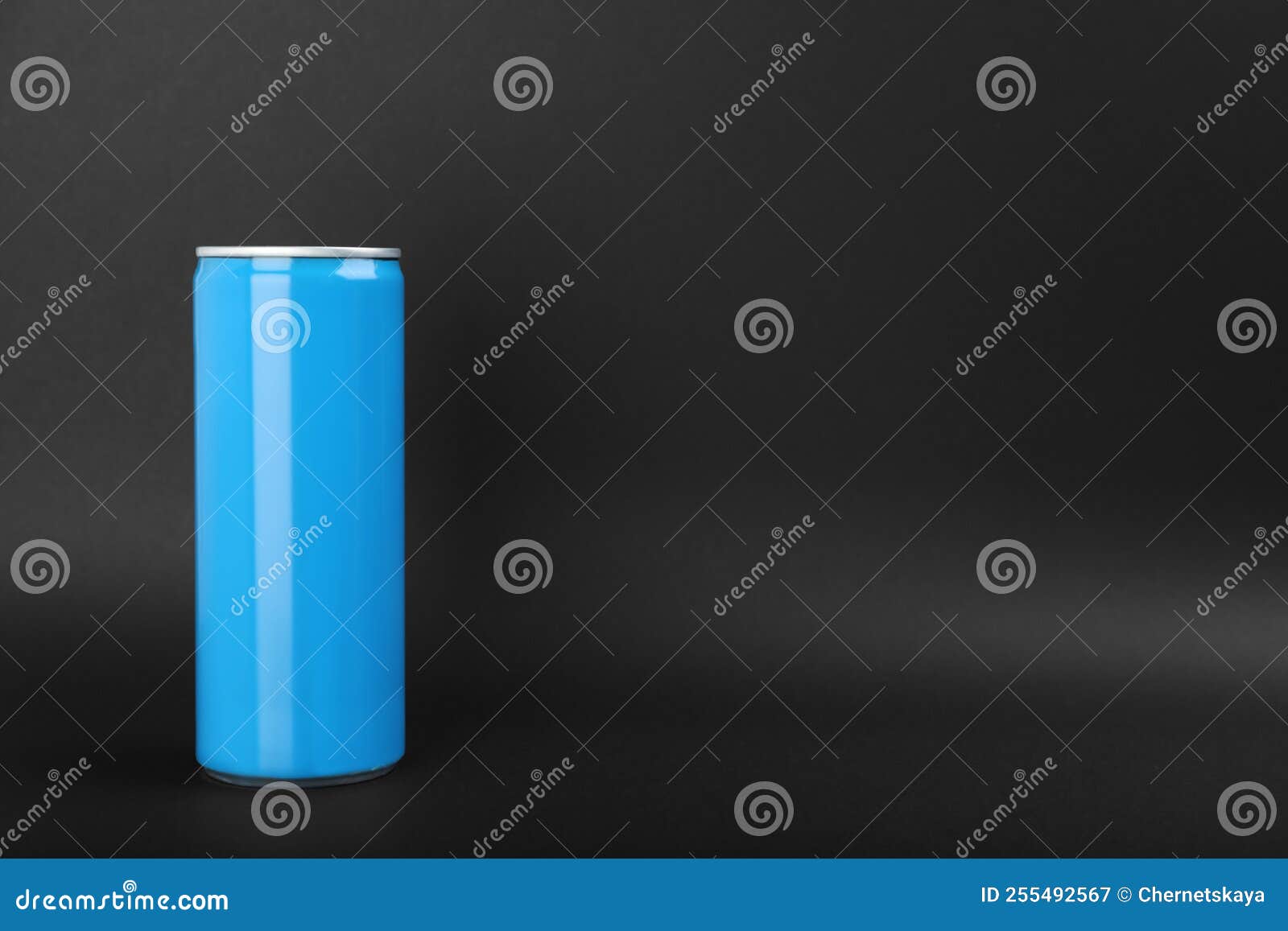 Light Blue Can of Energy Drink on Black Background. Space for Text