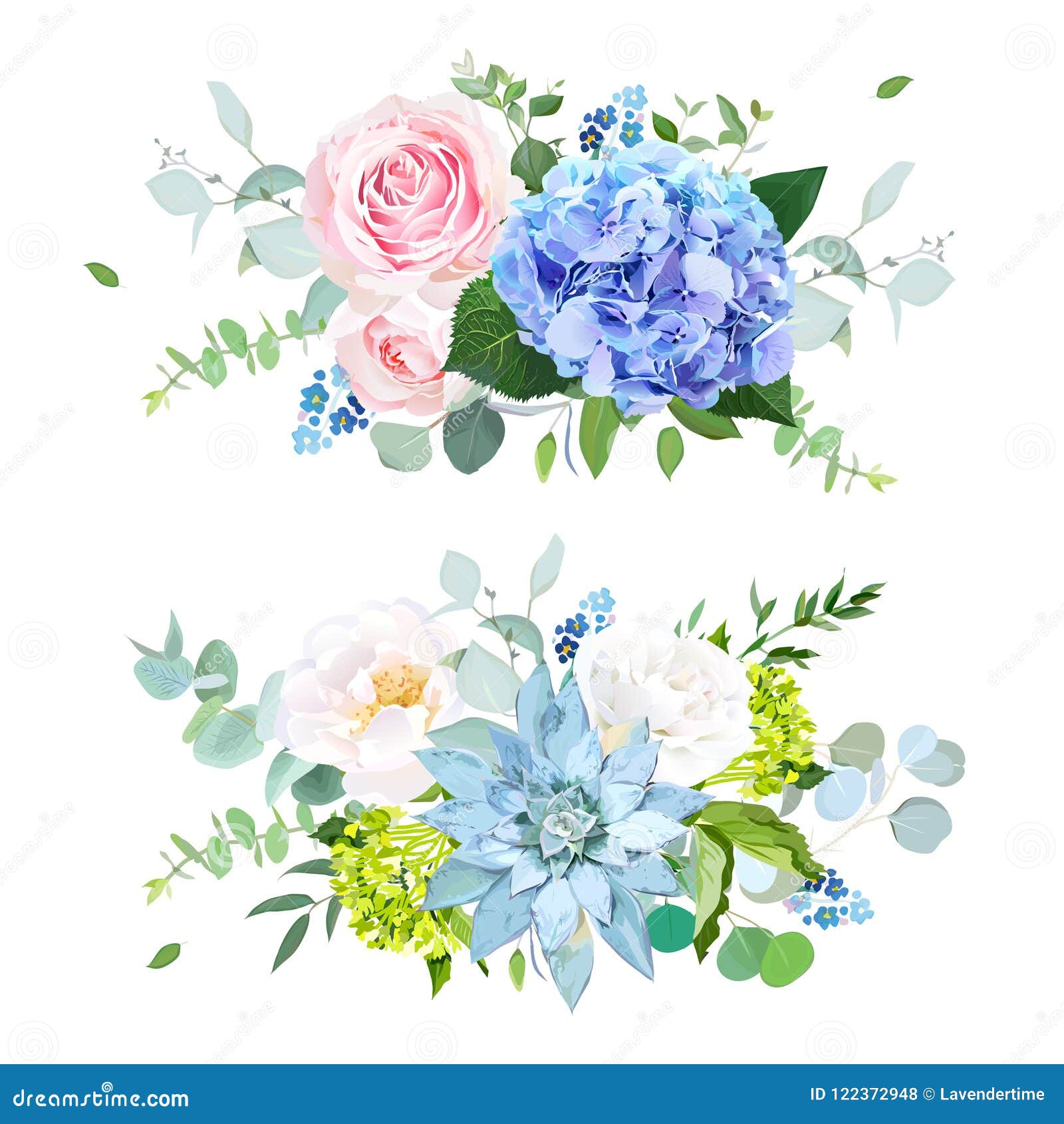light blue, green hydrangea, pink, white rose, succulent, forget