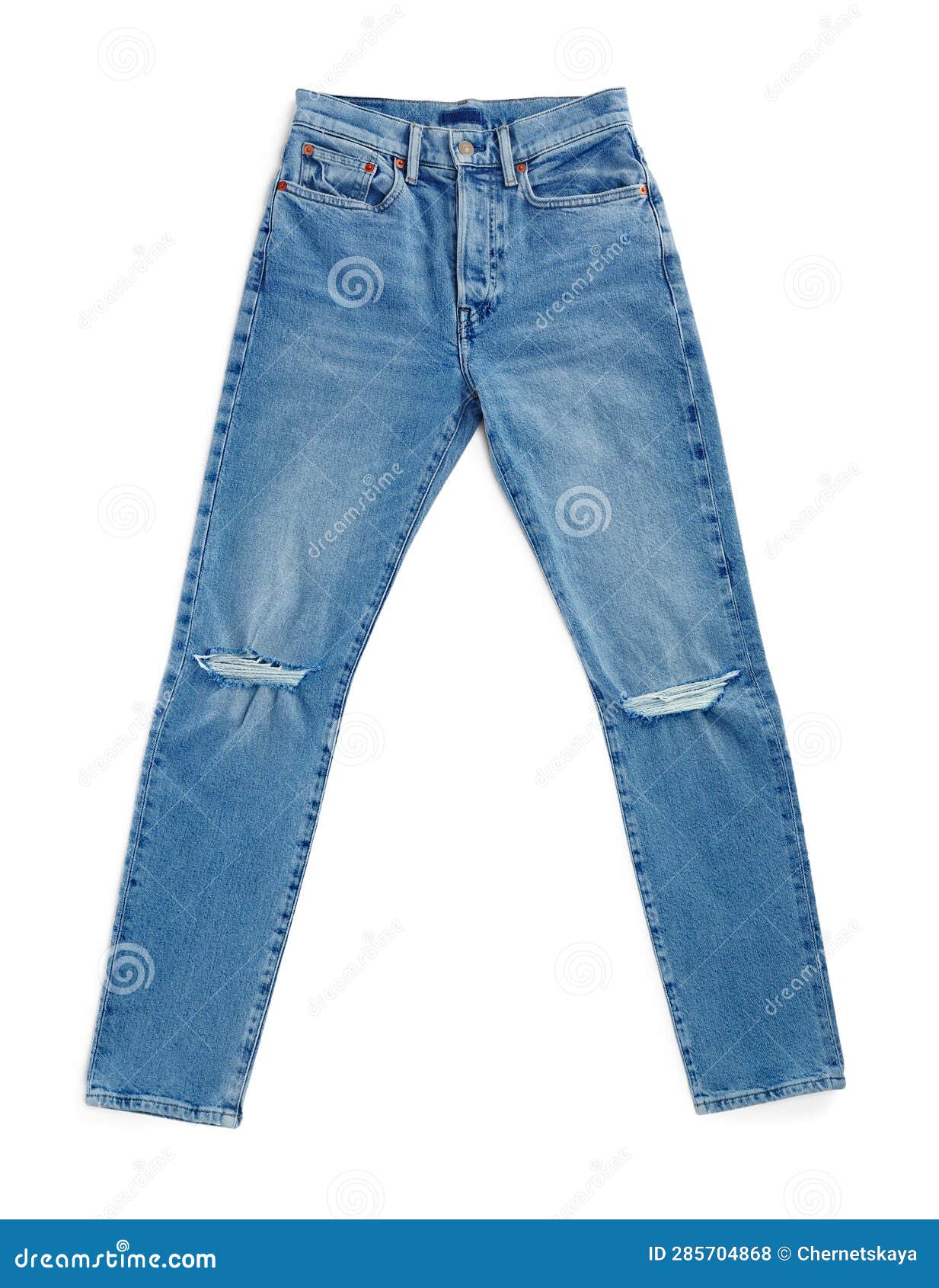 Light Blue Jeans Isolated on White, Top View. Stylish Clothes Stock