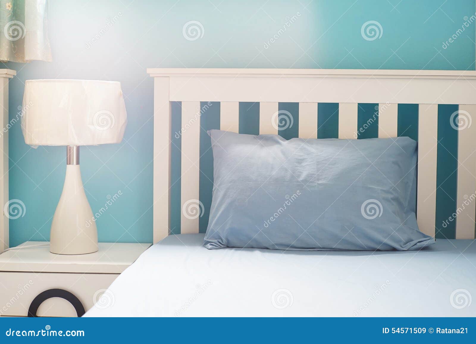 Light Blue Pillow on White Bed Stock Image Image of desk, interior