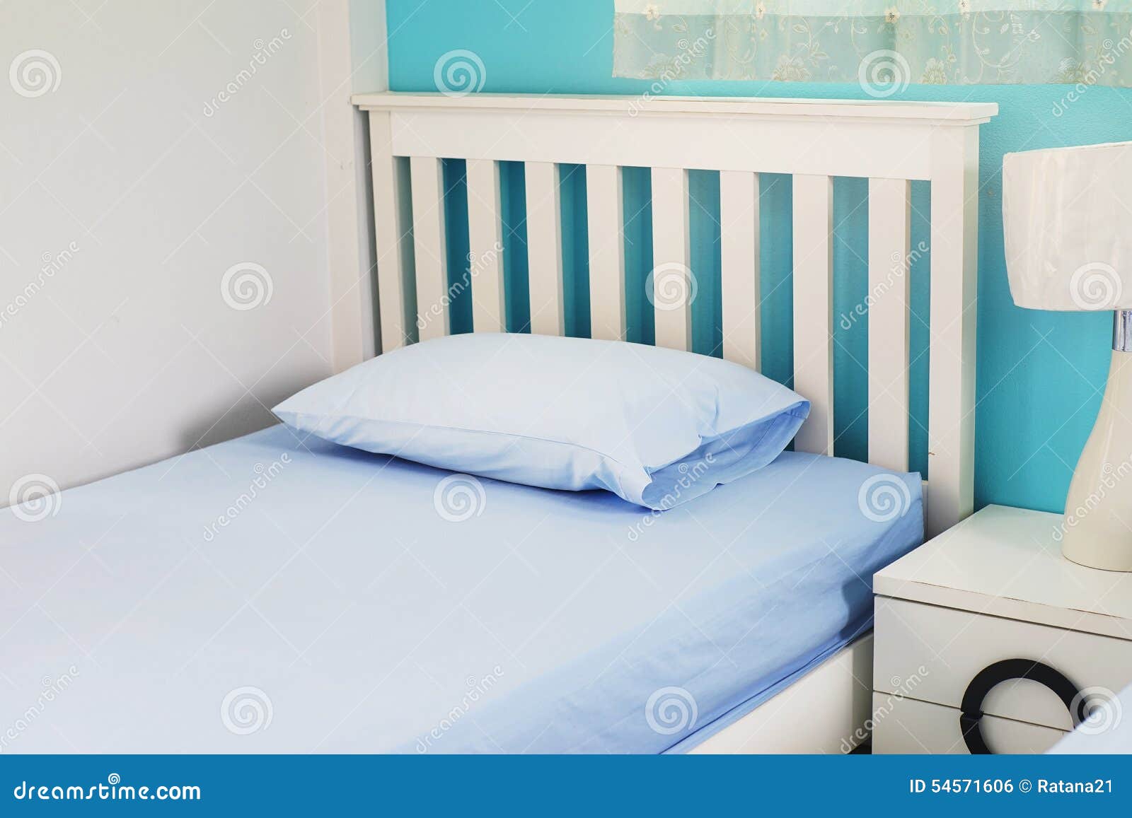 Light Blue Pillow on White Bed Stock Photo Image of interior, silver