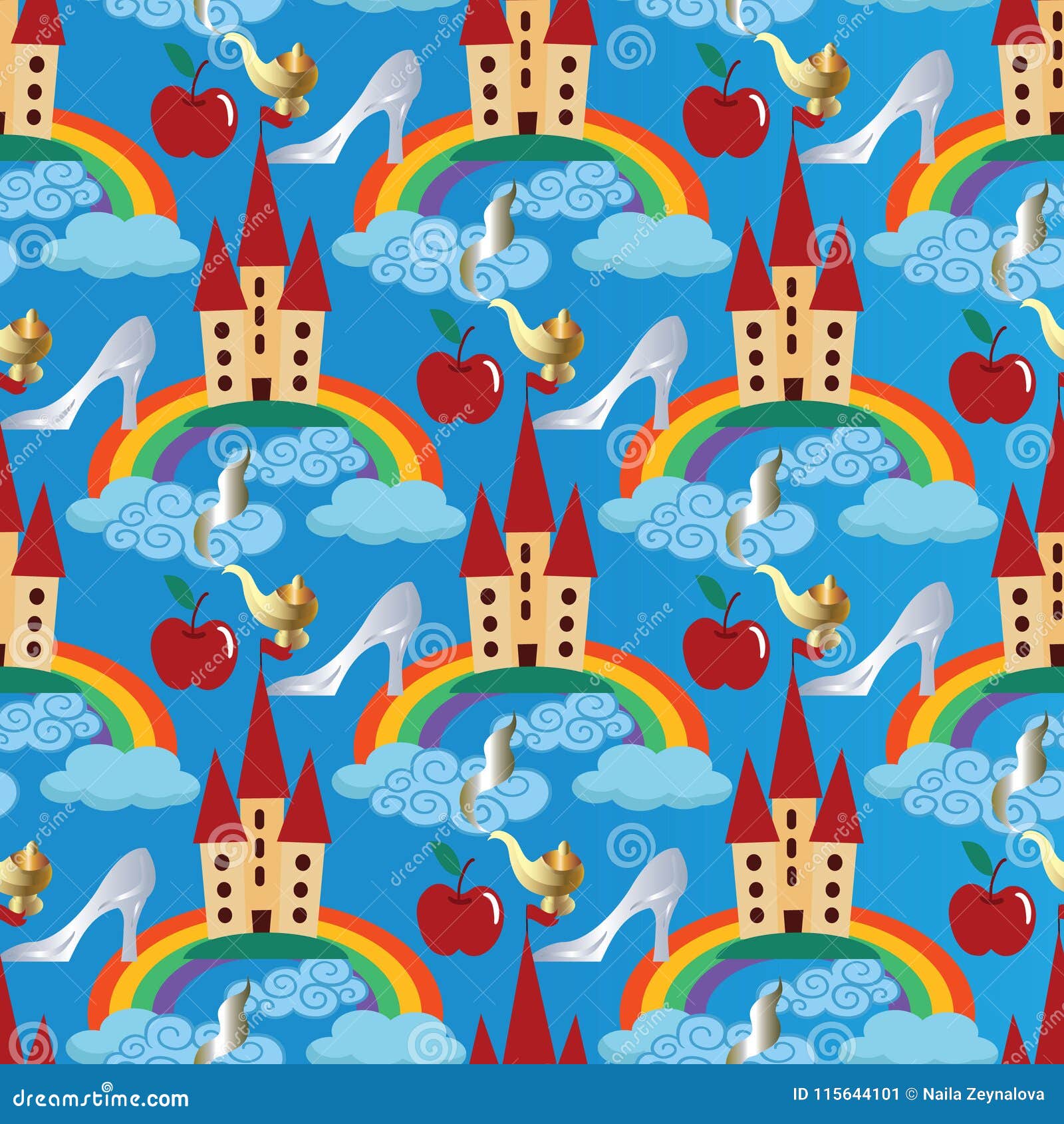 Light Blue Vector Seamless Pattern Background Wallpaper Illustration with  Fairytale Castle, Colorful Rainbow, Blue Clouds, Prince Stock Vector -  Illustration of crystal, pattern: 115644101