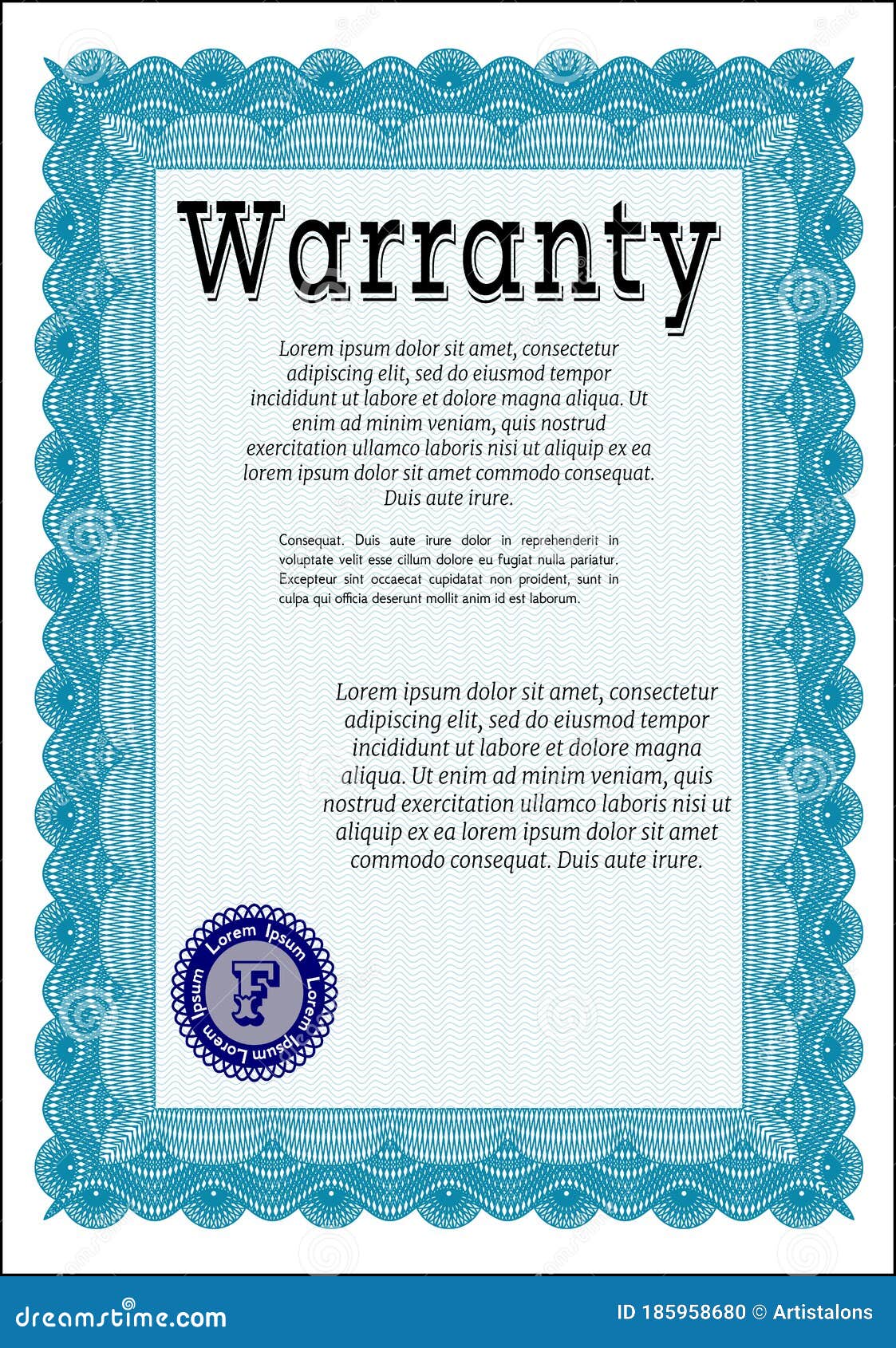 Light Blue Warranty Certificate Template. Artistry Design. Printer Friendly  Stock Vector - Illustration of card, back: 185958680