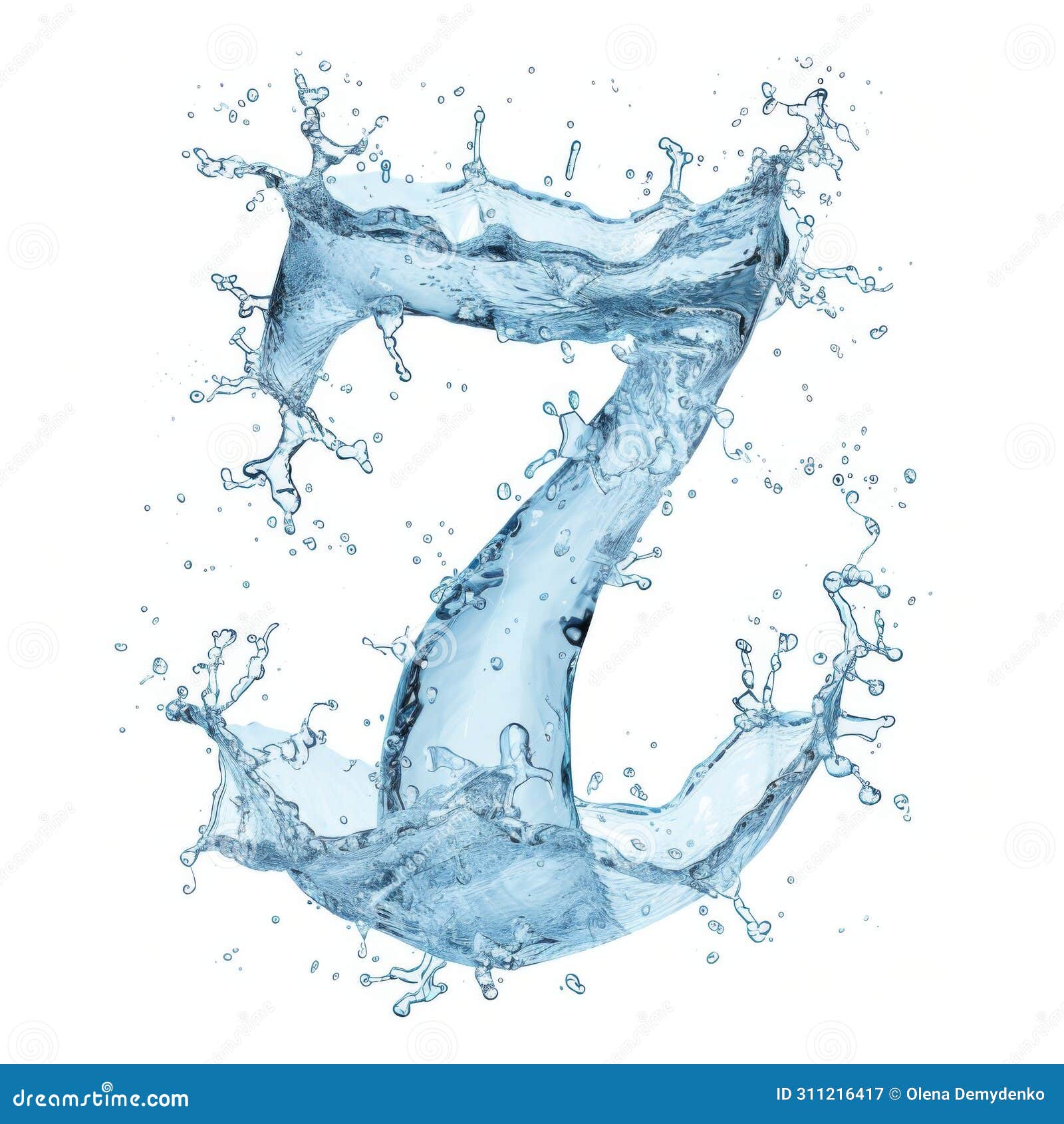 light blue water drops in the  of the number 7 on a white background close-up. number 7 made from water splashes