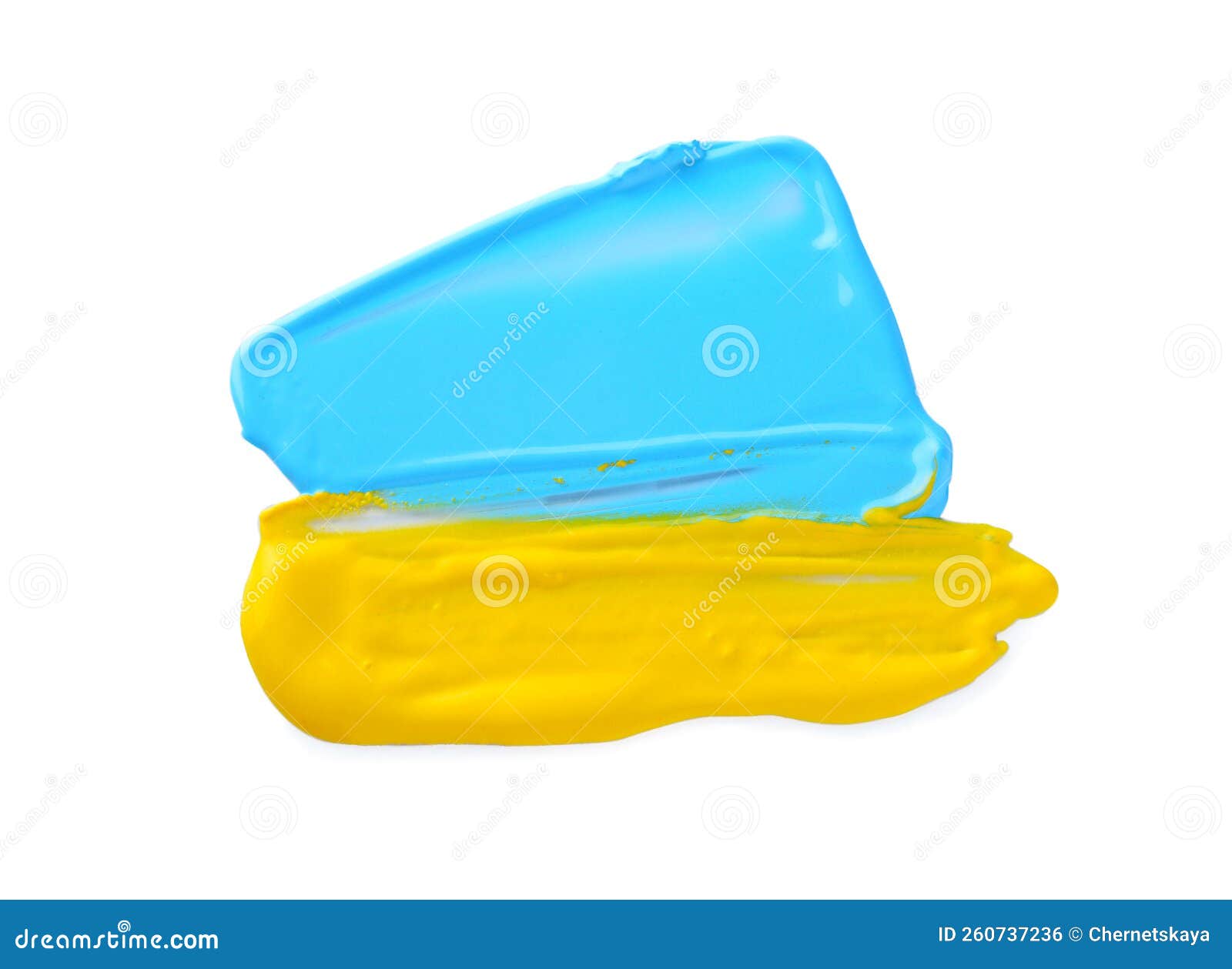 Light Blue and Yellow Paint Samples on White Background, Top View Stock
