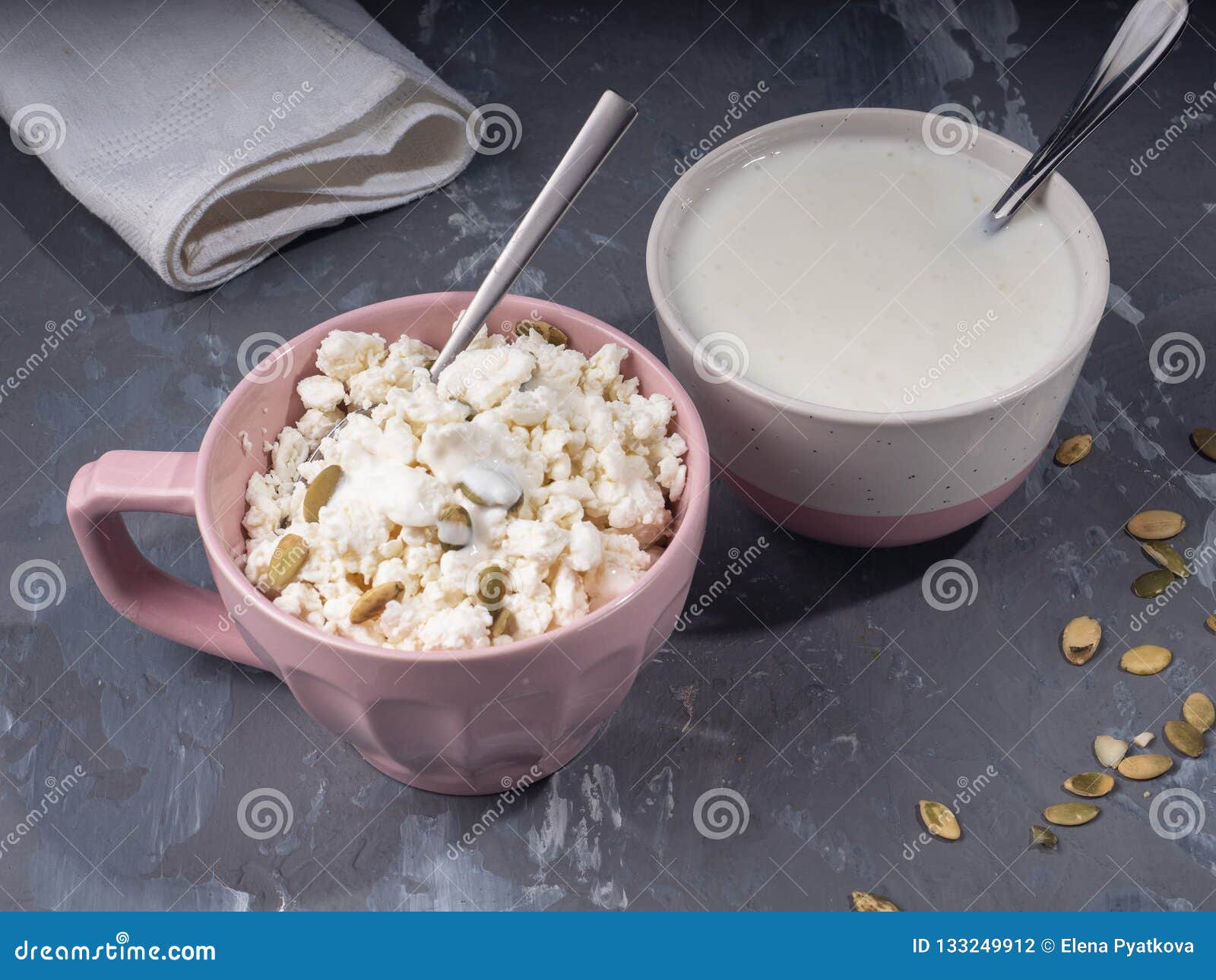 Light Breakfast Made Of Cottage Cheese And Sour Cream In Pink