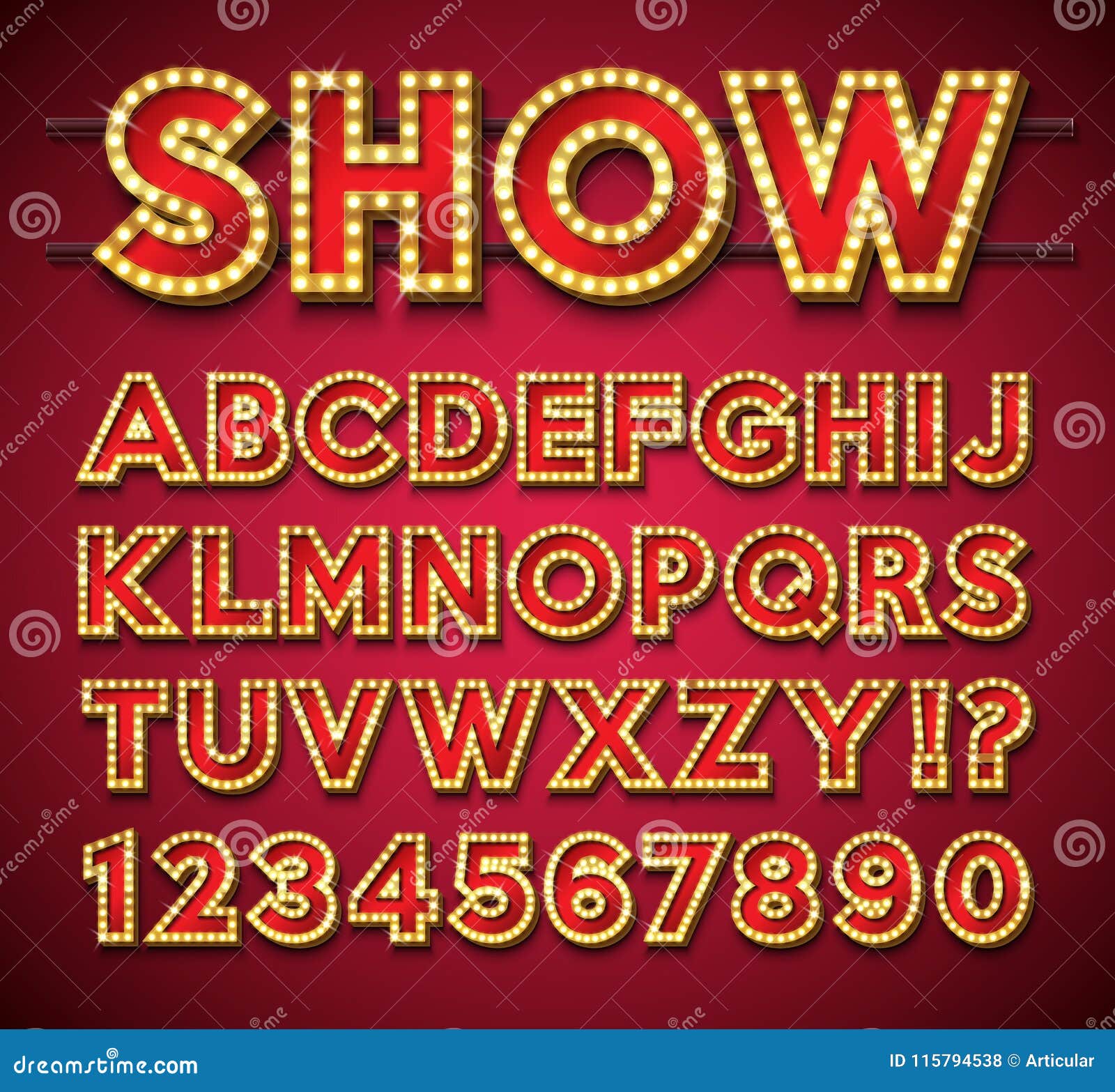 light bulb alphabet with gold frame and shadow on red backgrond. glowing retro  font collection with shiny bright