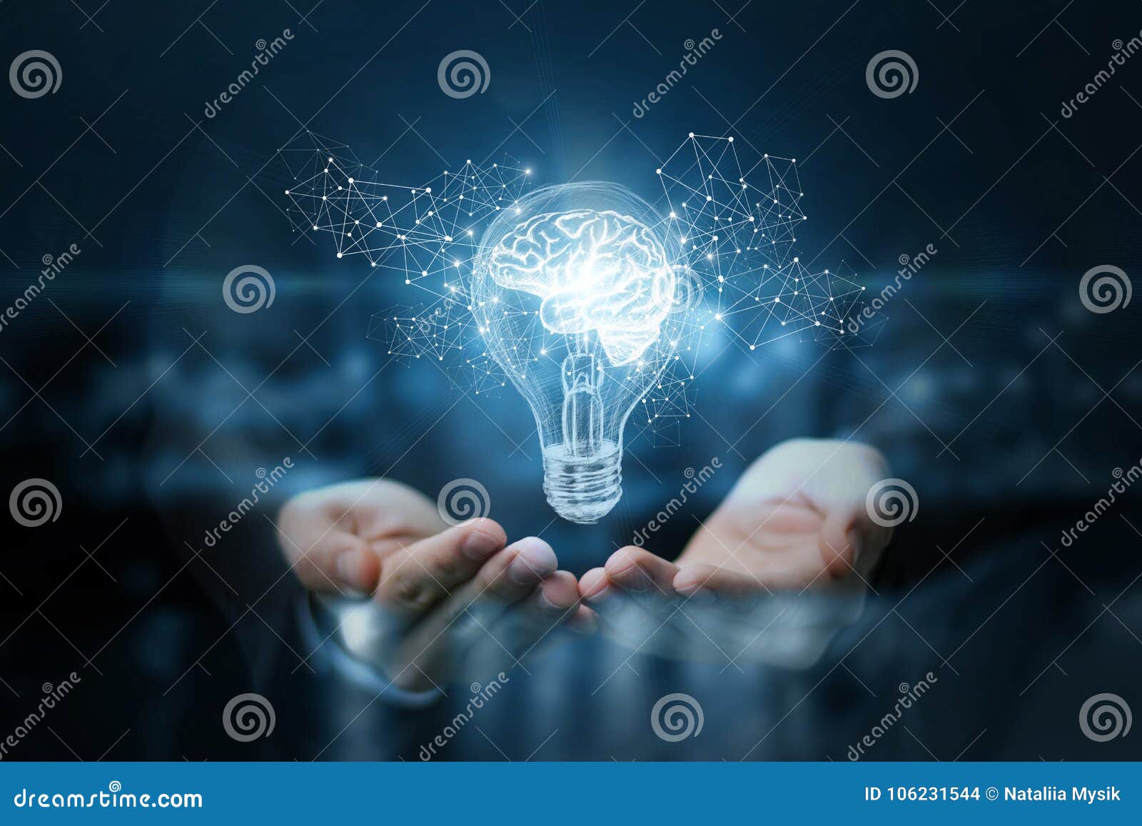 light bulb with brain inside the hands of the businessman.