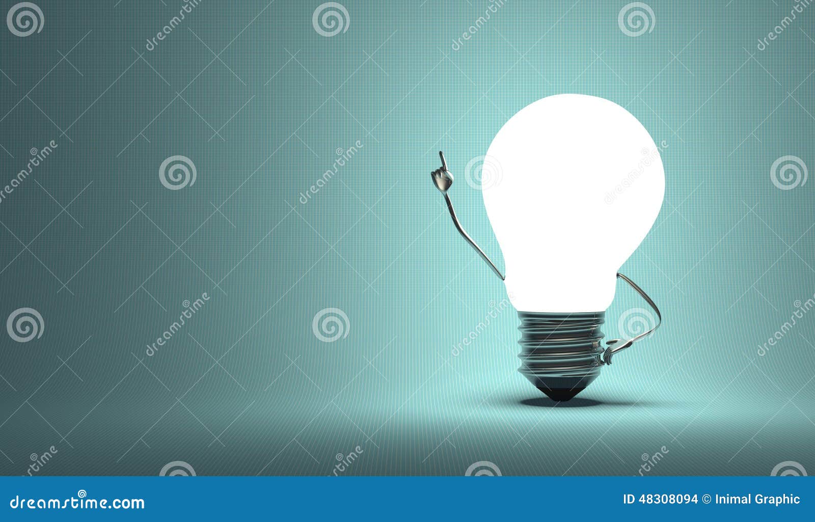 light bulb character, aha moment, squared blue background
