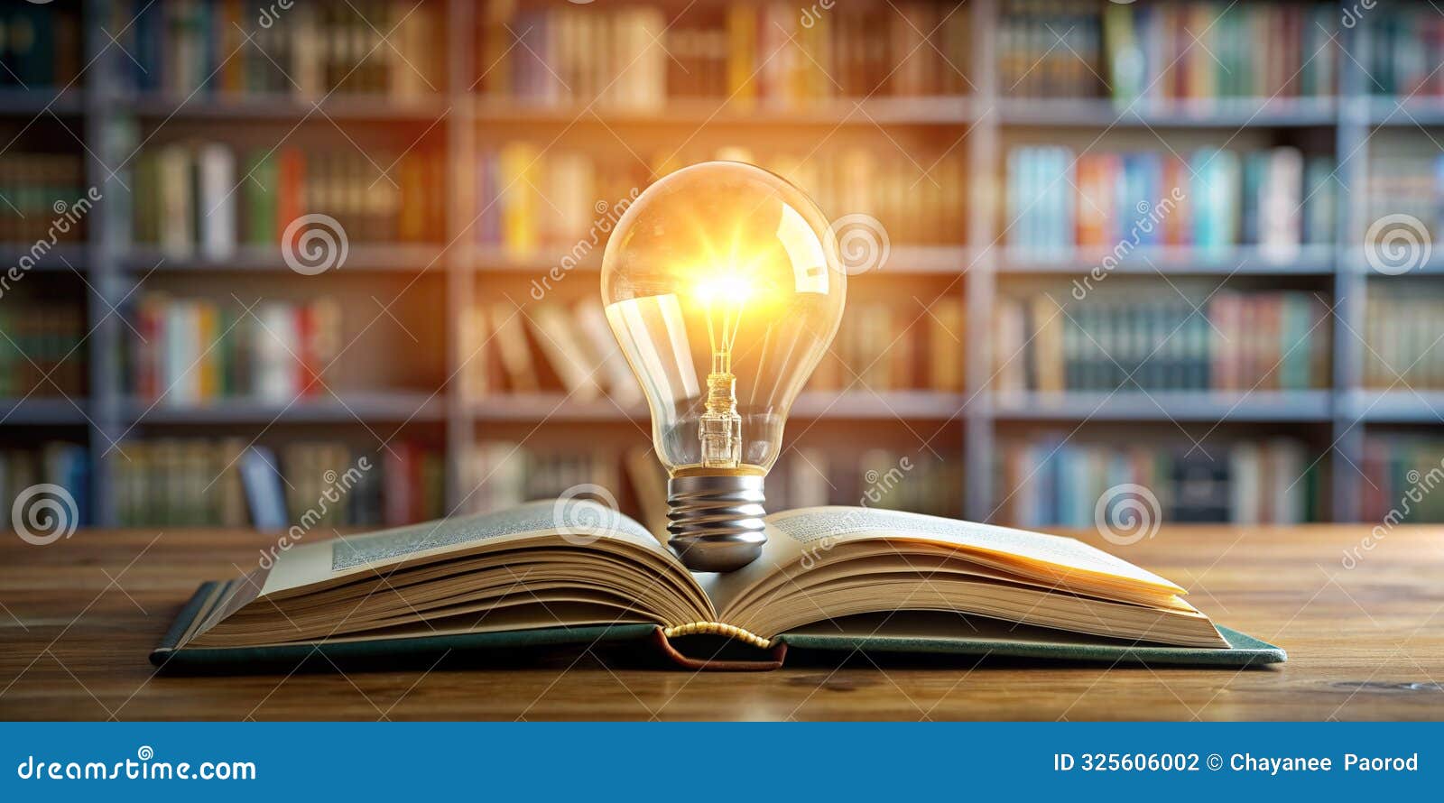 light bulb glowing over an open book in library concept of ideas knowledge and creative inspiration ai-generated content