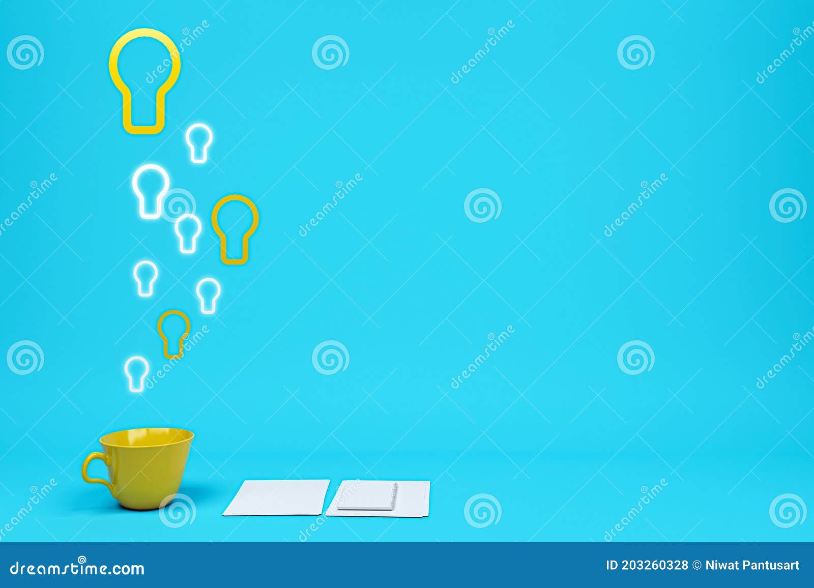 light bulb idea teacup among workset outstanding blue background minimal concept idea