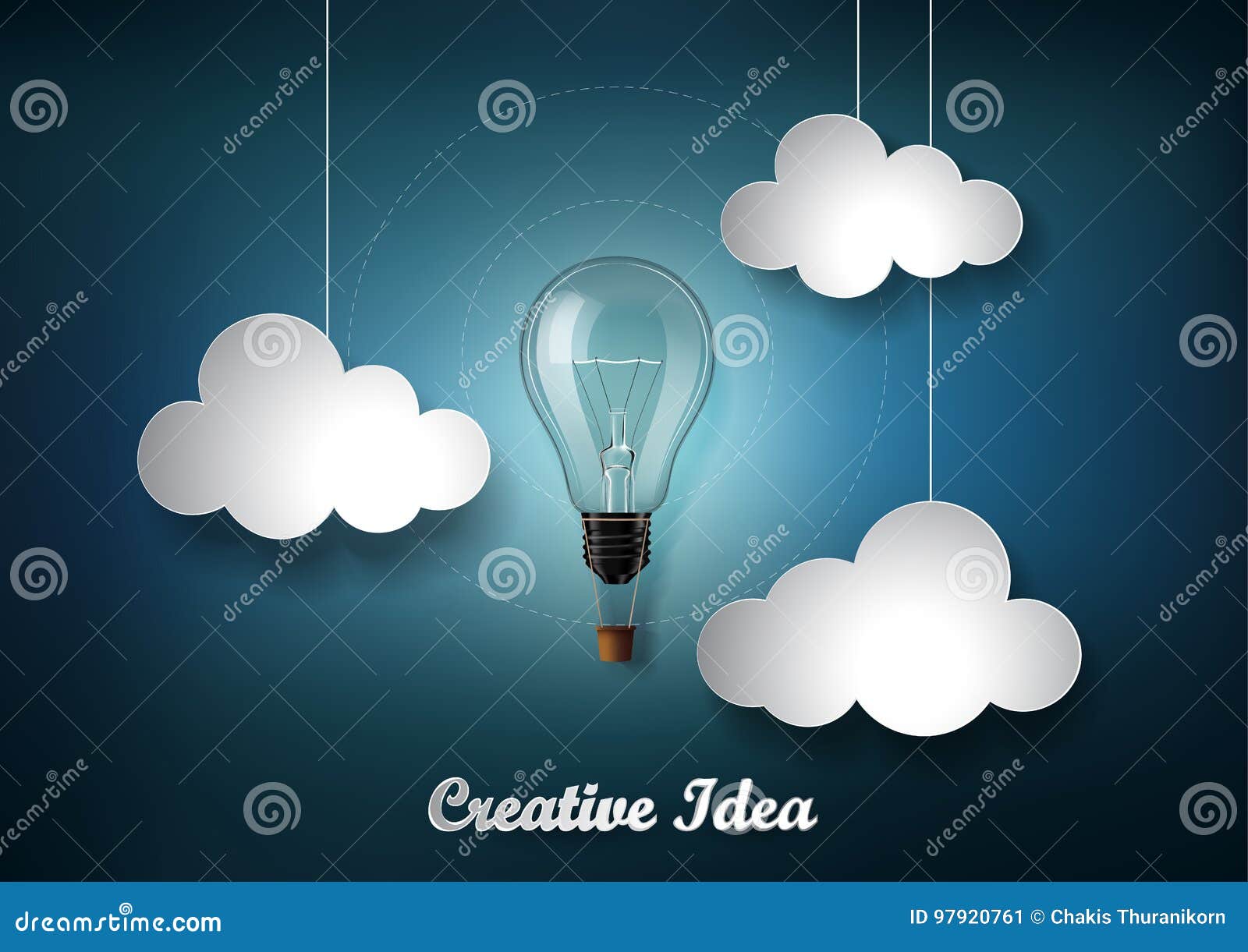 light bulb is among a lot of cloud on dark blue background with origami paper cut style, representation of creative business idea