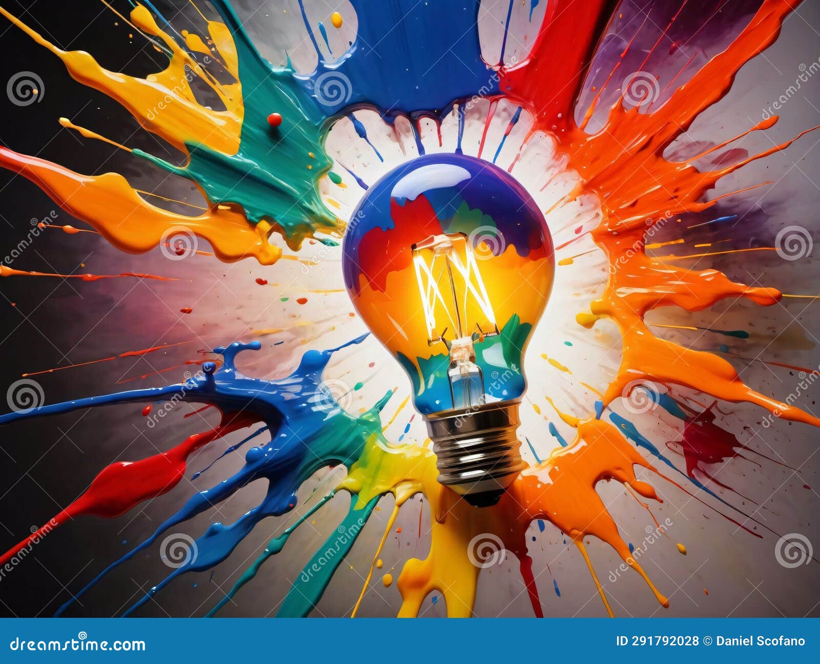 A Light Bulb with Paint Spering Around it. Generative AI Stock