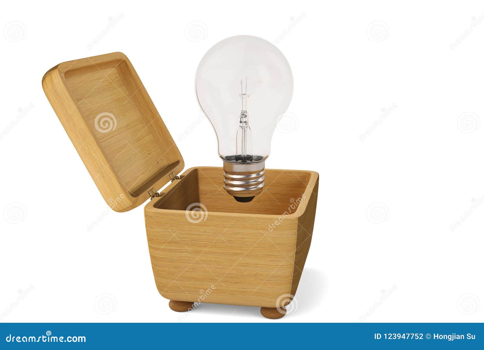 Light Bulb on Wood Box.3D Illustration. Stock Illustration