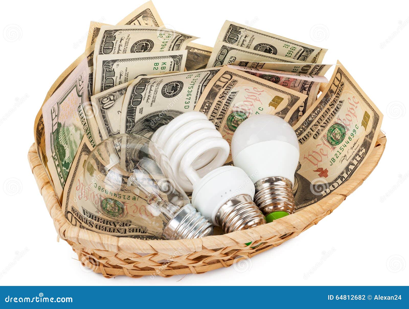 Light Bulbs in the Basket with Money Stock Photo Image of economy