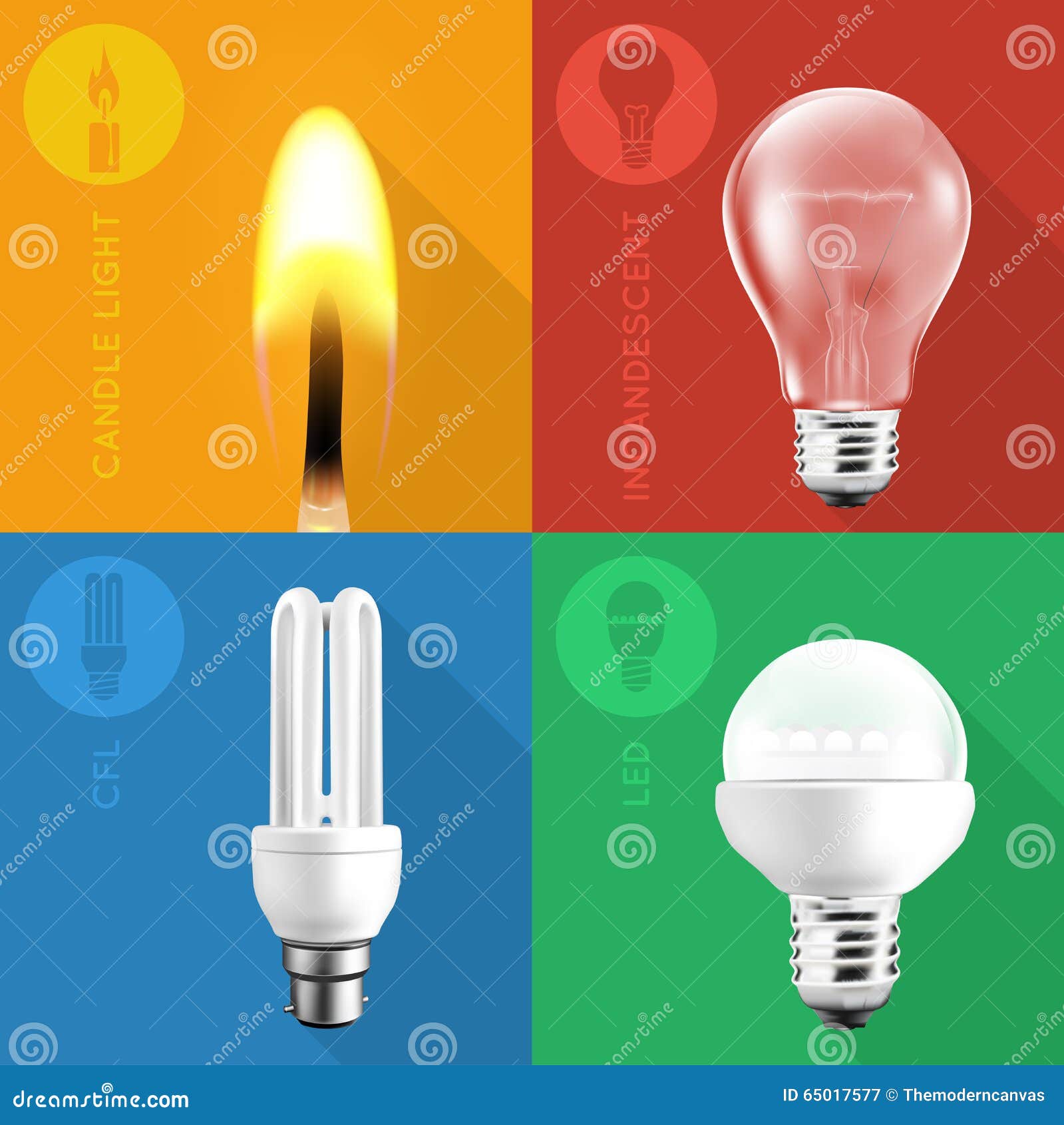 Light Bulbs and Candle Light Set with Icons on Flat Style Colour