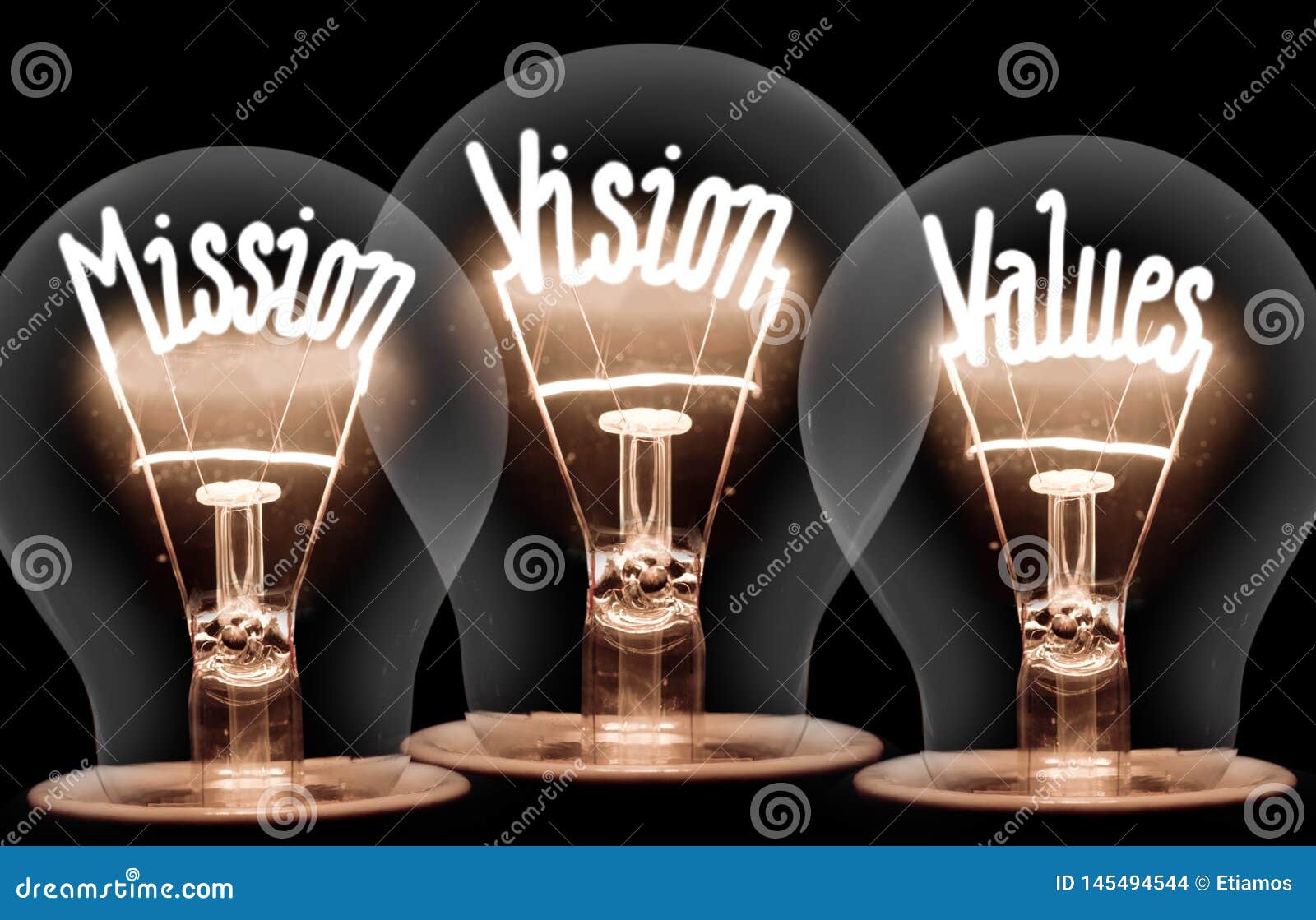 light bulbs with mission, vision, values concept