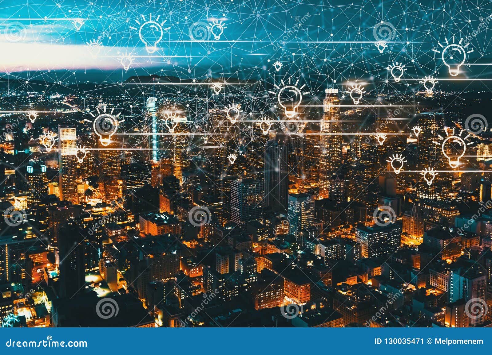 Light Bulbs with Downtown Los Angeles Stock Image Image of business