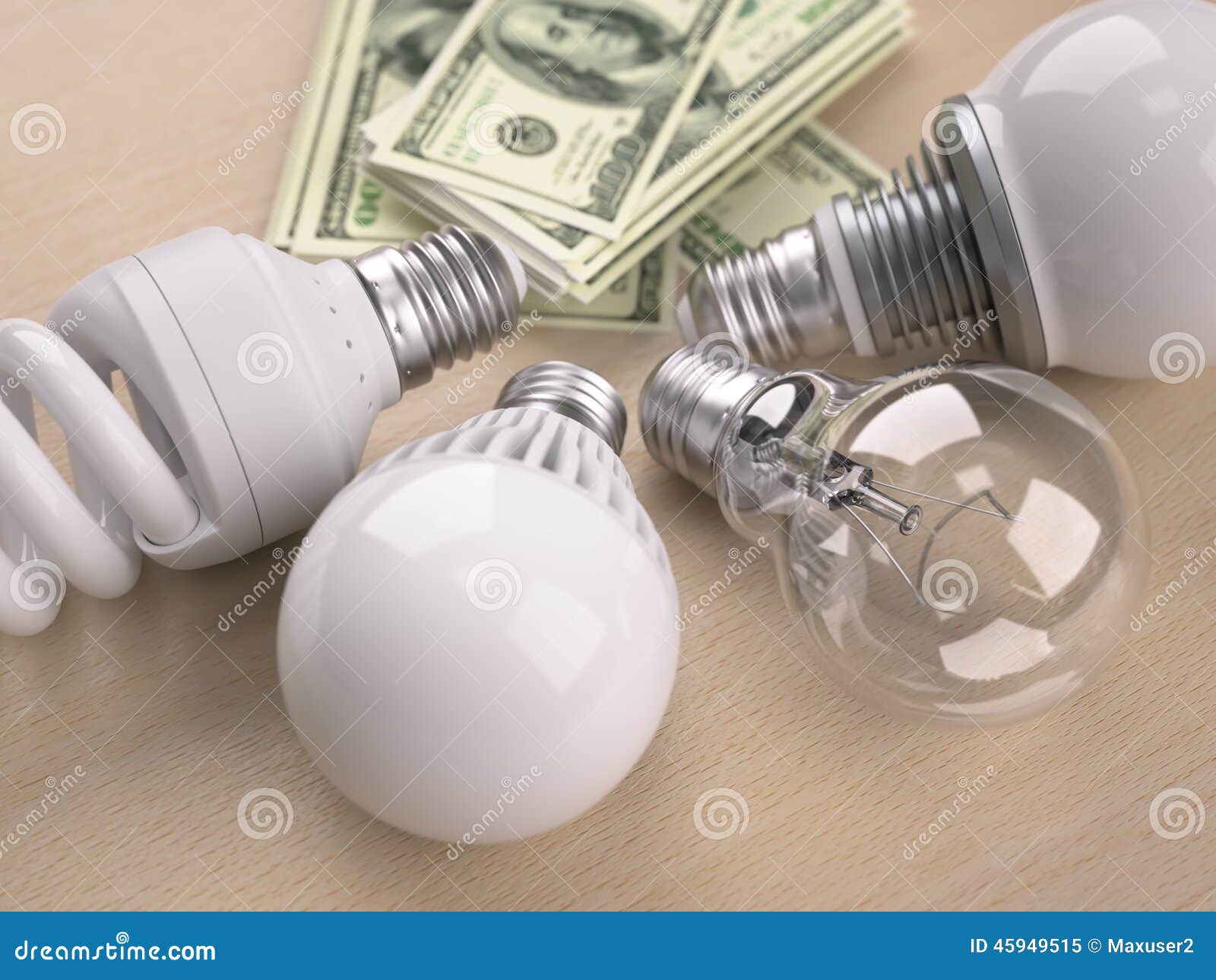 Light Bulbs in Front of Dollar Bill Stack Stock Image Image of debt