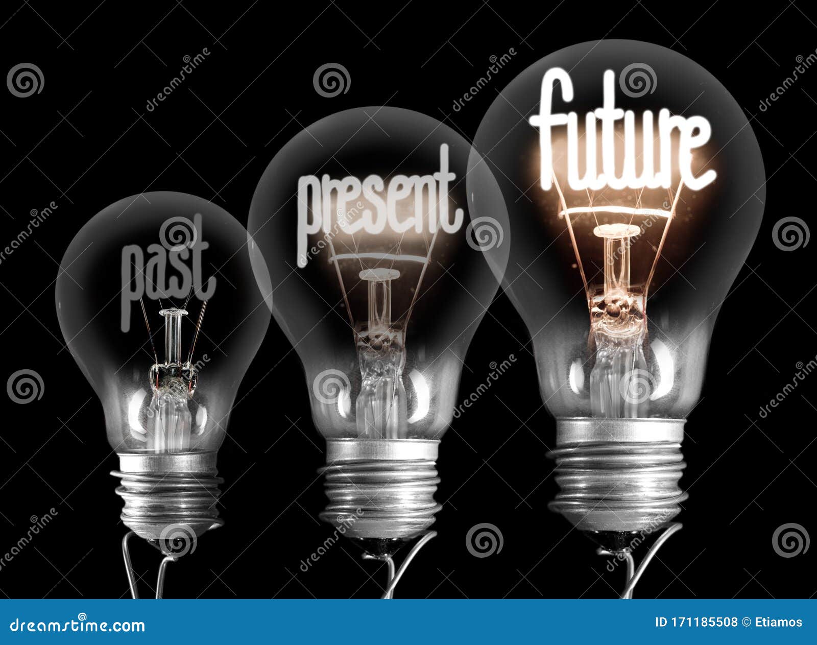 light bulbs with past, present and future concept