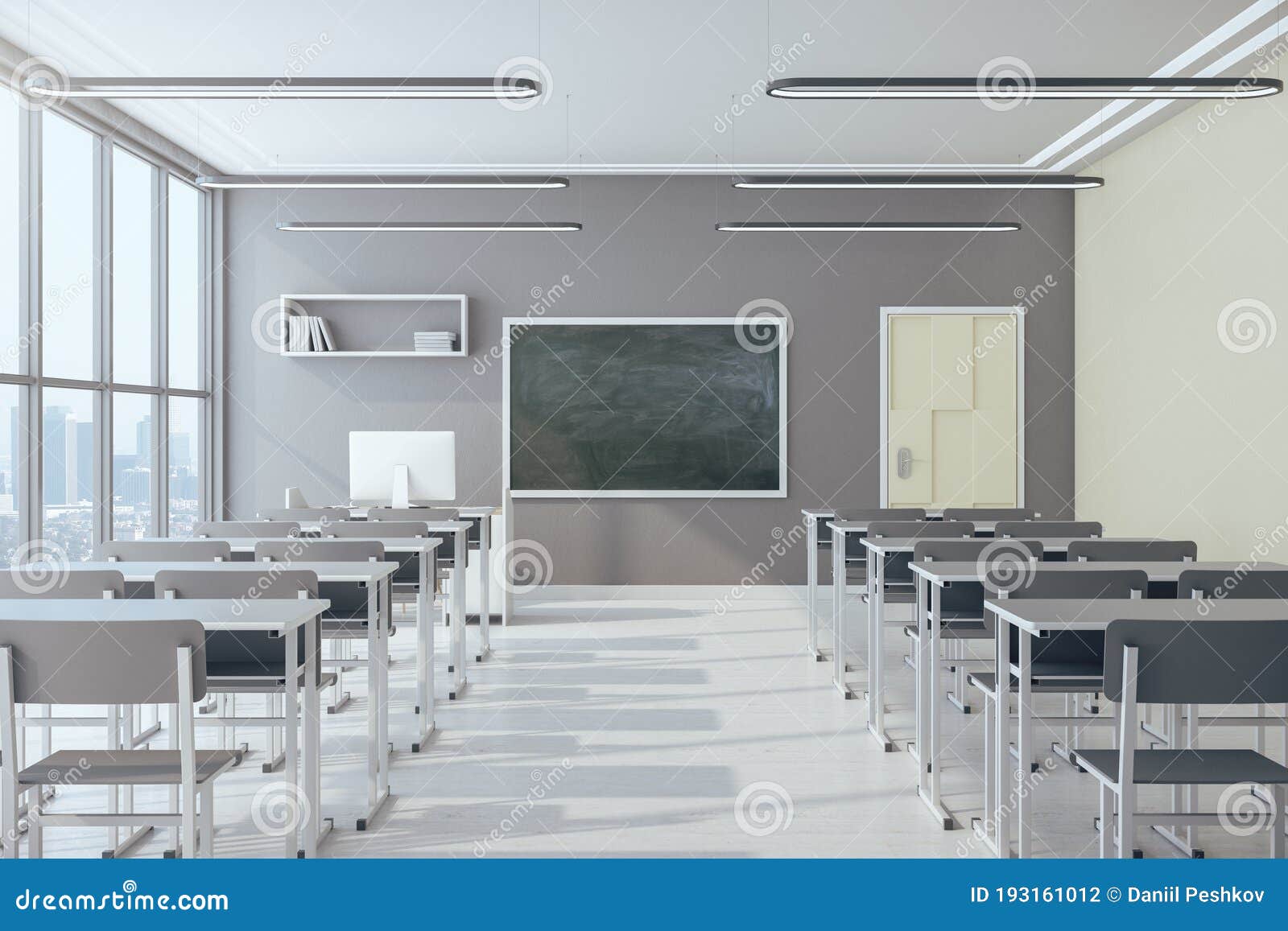 Empty White Classroom Background with Green Chalkboard Table and Seat on  Wooden Floor. Education and Back To School Concept Stock Illustration -  Illustration of education, classroom: 220056564