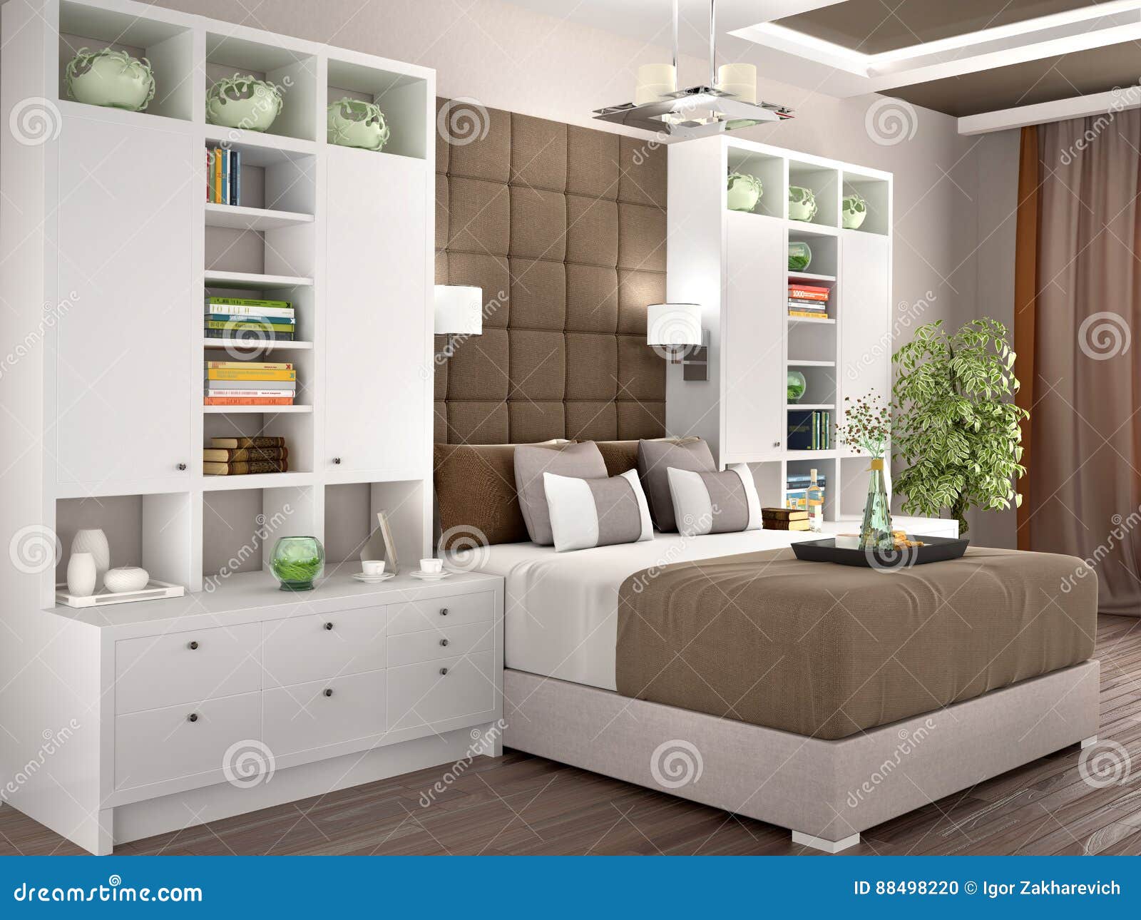 Light And Cozy Modern Bedroom With Wardrobes Stock