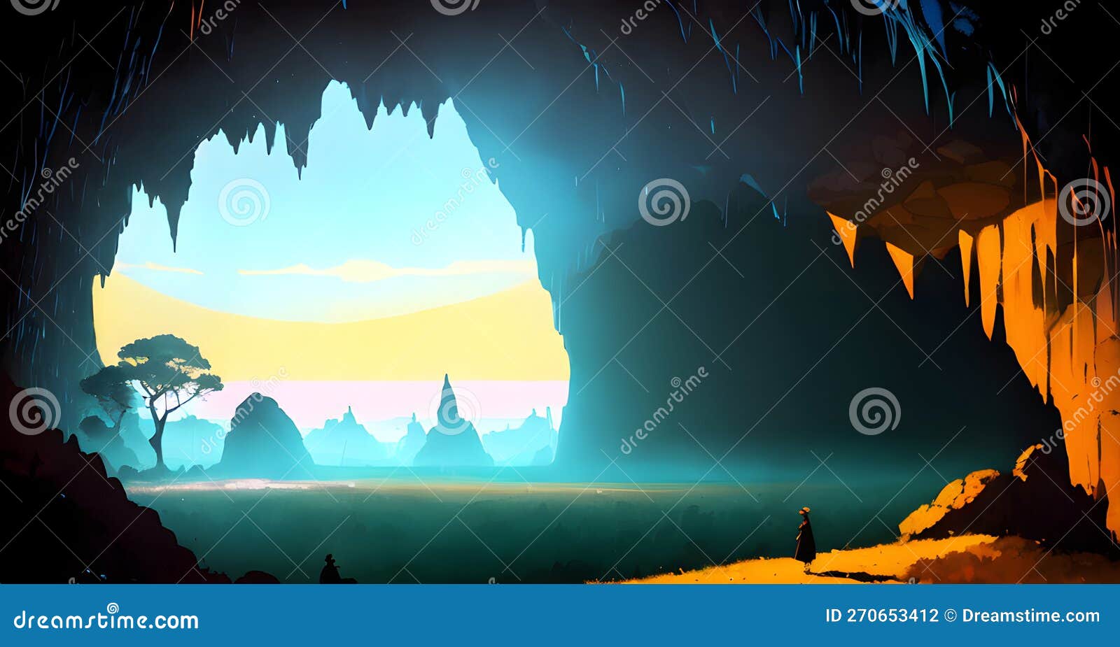 light in dark cave with stalactite landscape adventure dungeon den generative ai