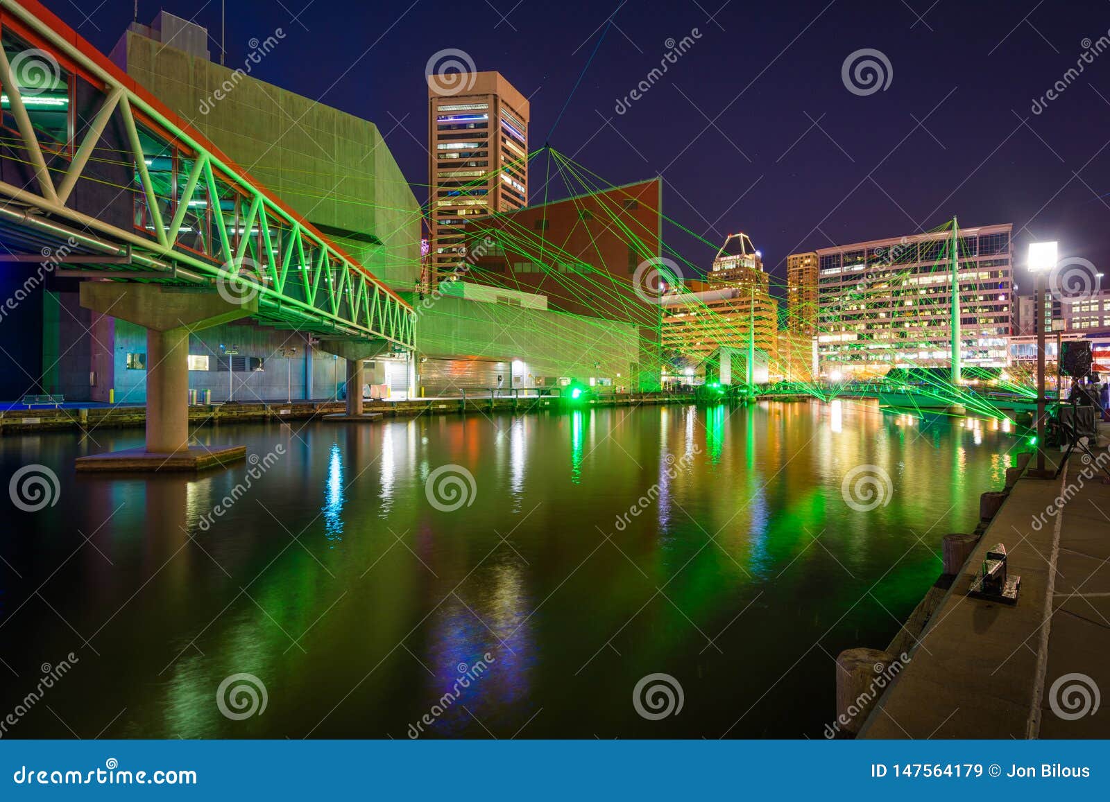 Light Display and Buildings at Night, at the Inner Harbor in Baltimore