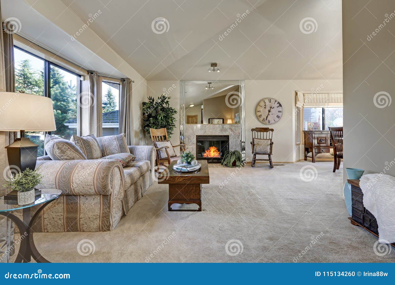 Light Filled Family Room With Vaulted Ceiling Stock Photo Image