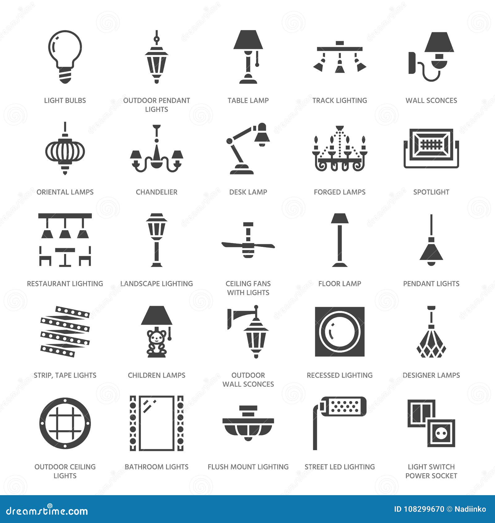 light fixture, lamps flat glyph icons. home and outdoor lighting equipment - chandelier, wall sconce, bulb, power socket