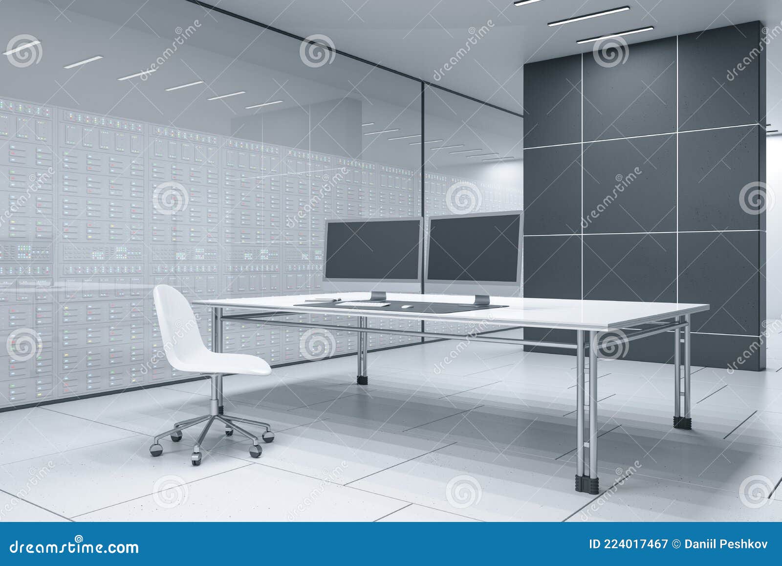 Light Futuristic Server Room Office Interior with Desk and Empty Computer Monitors. Technology