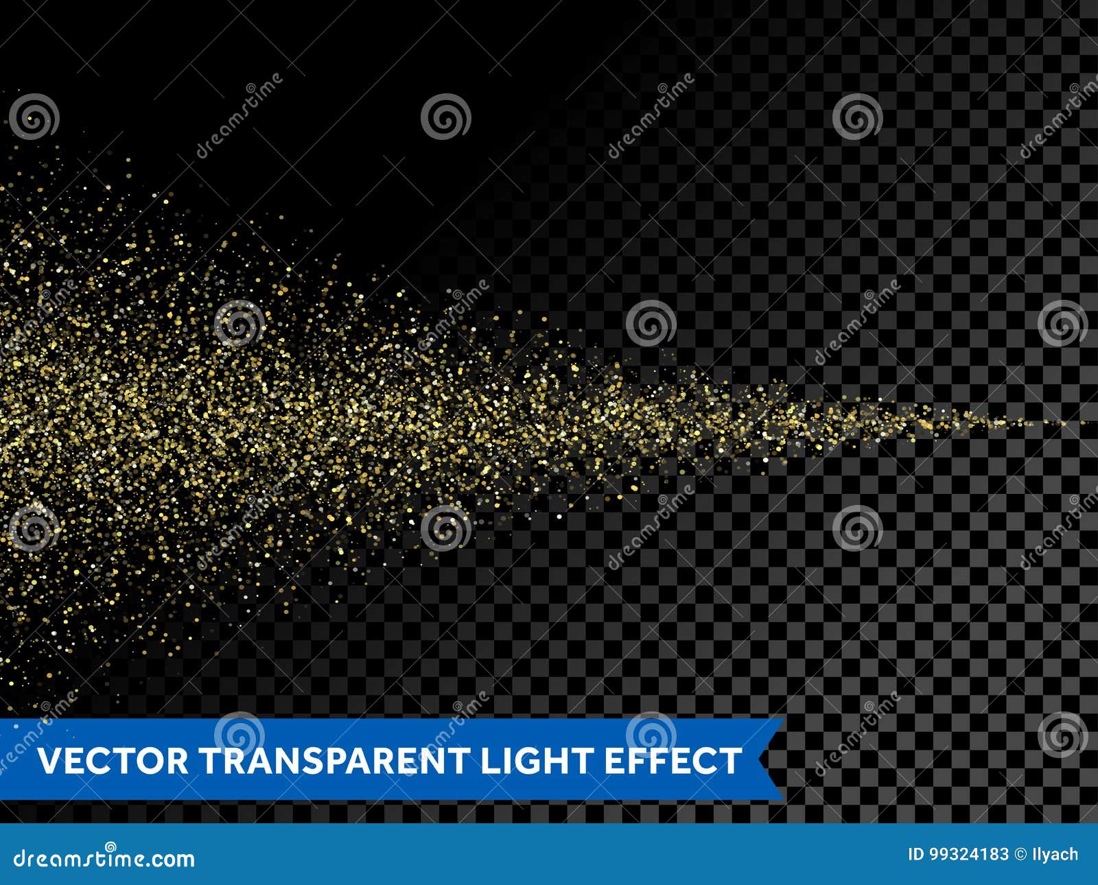 light gold glitter particles dispersion spray on  transparent background