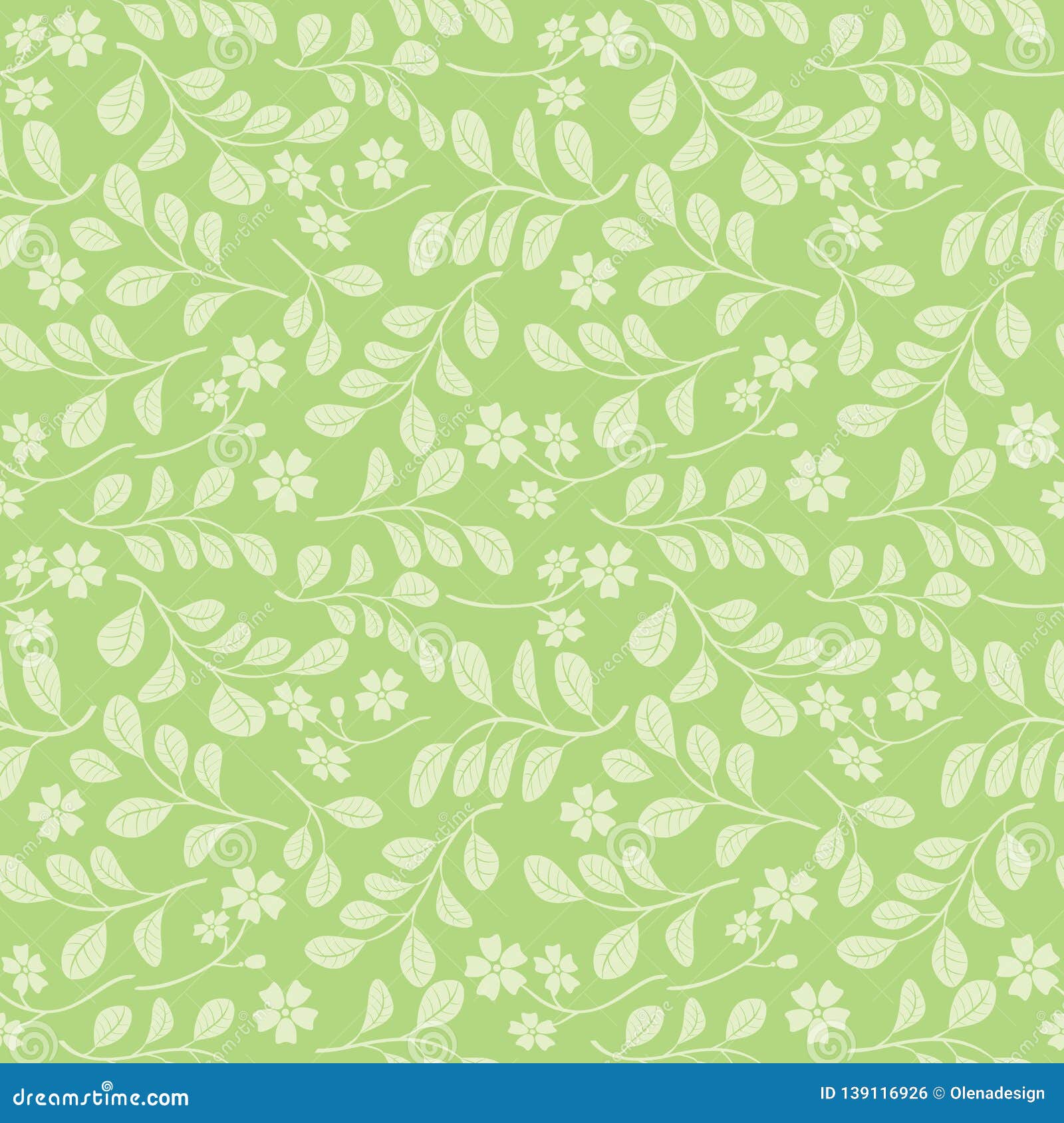 Light Green Leaves with Flowers on Bright Green Background Seamless
