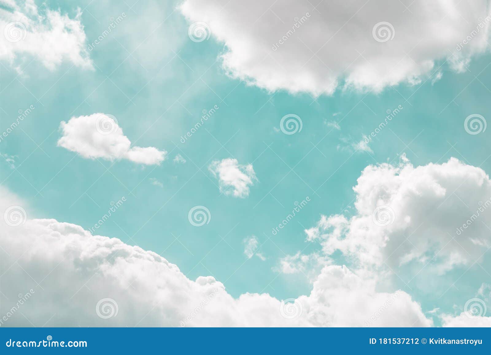 Light Green Mint Soft Sky with Beautiful White Clouds Stock Photo