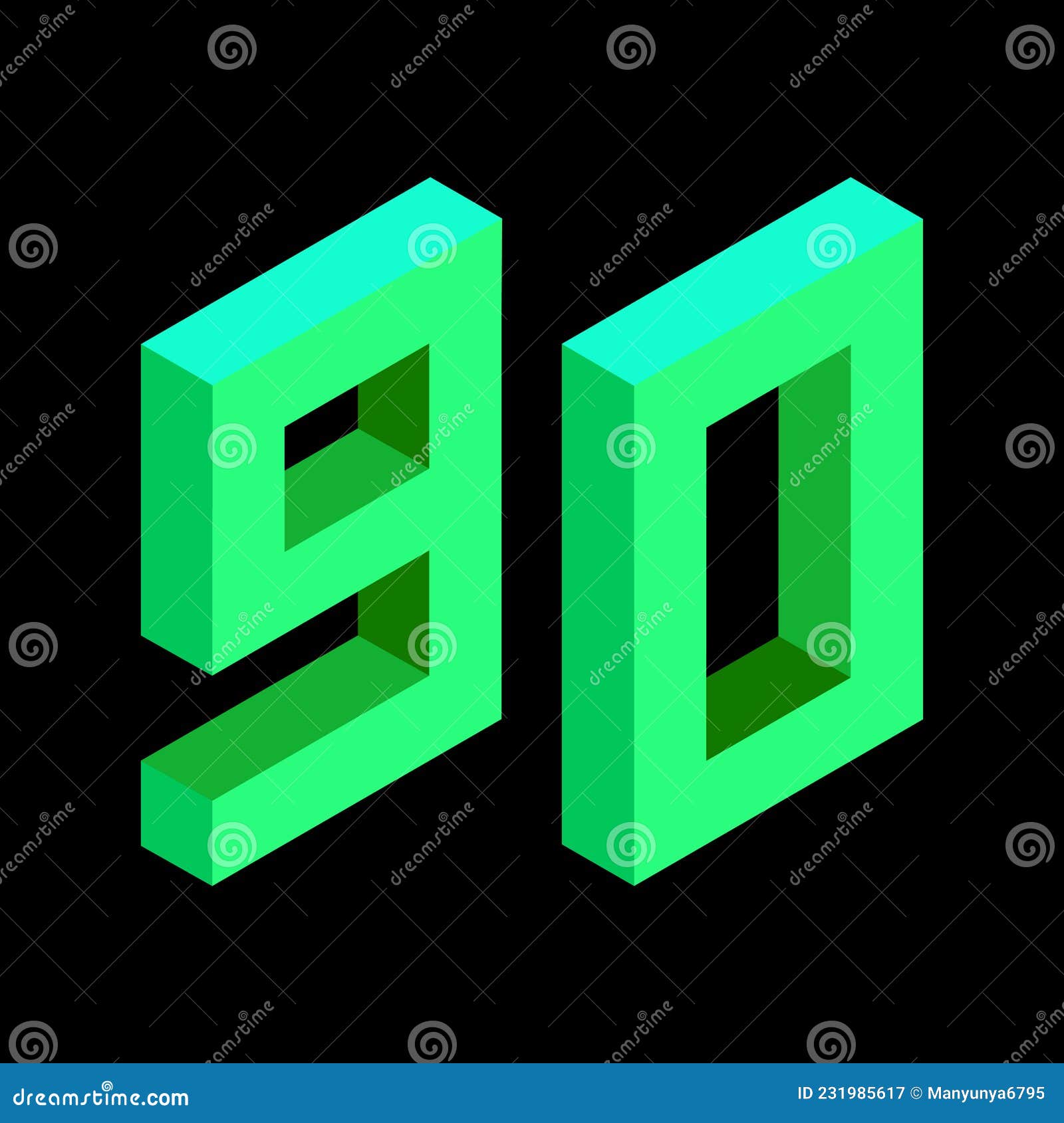 Light Green Number 90 in Isometric Style. Isolated on Black Background
