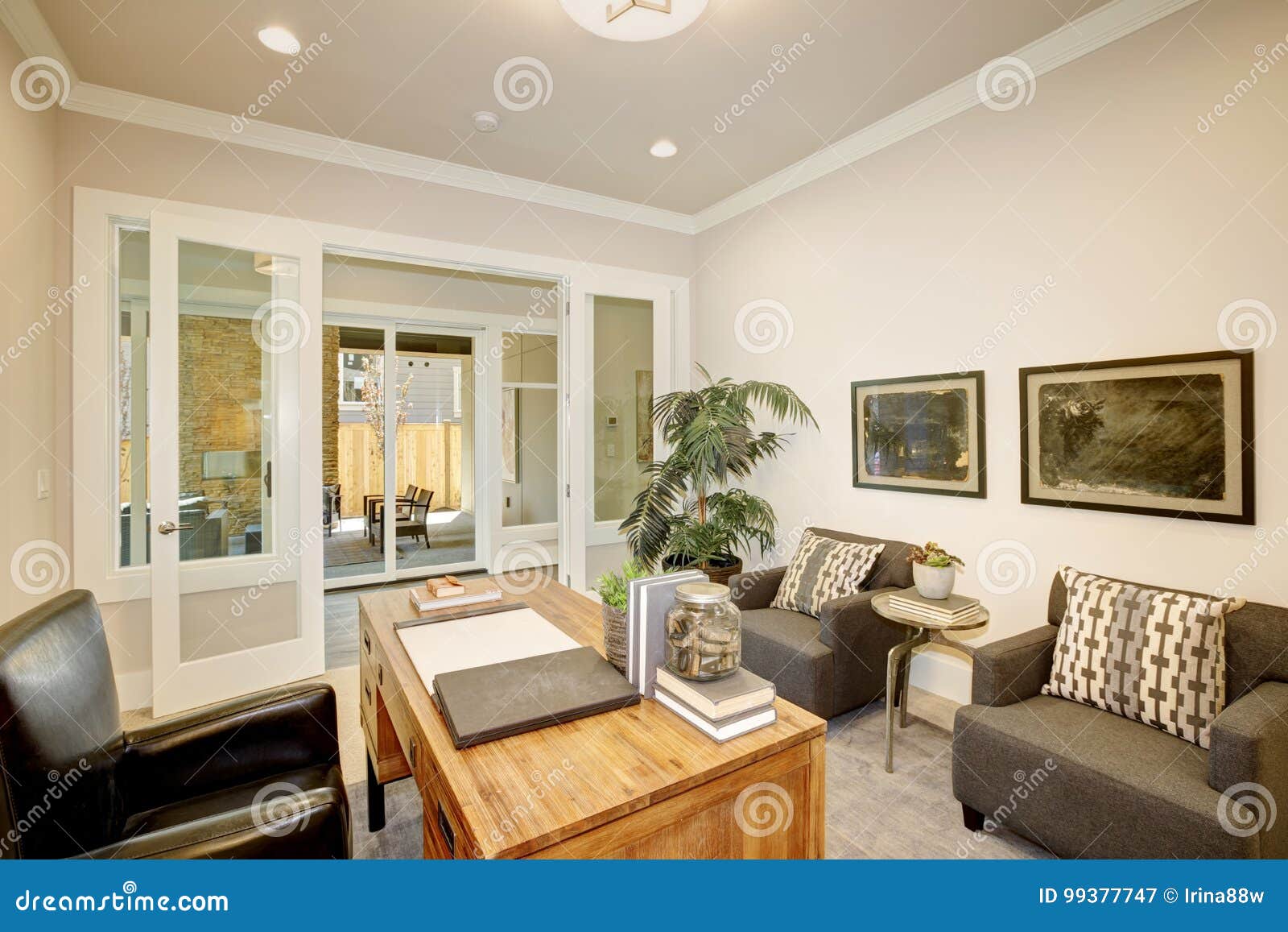 Light Home Office Features A Wooden Desk Stock Image Image Of