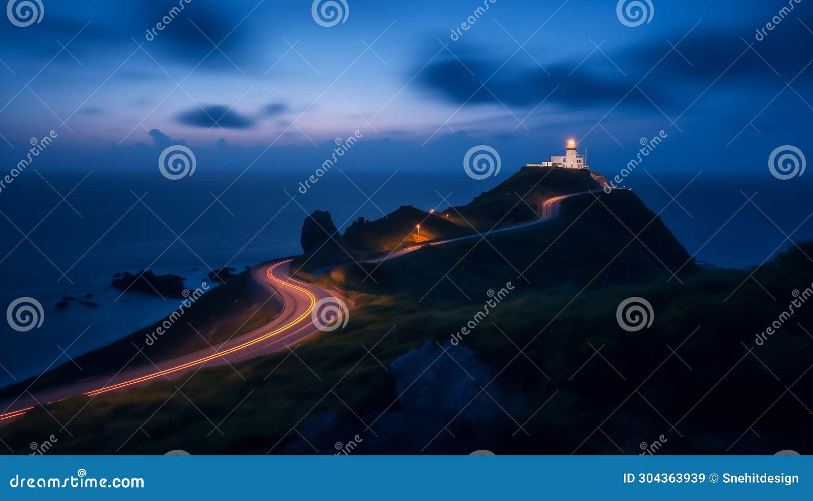 light house on the cliff along sea side with streak of red lights