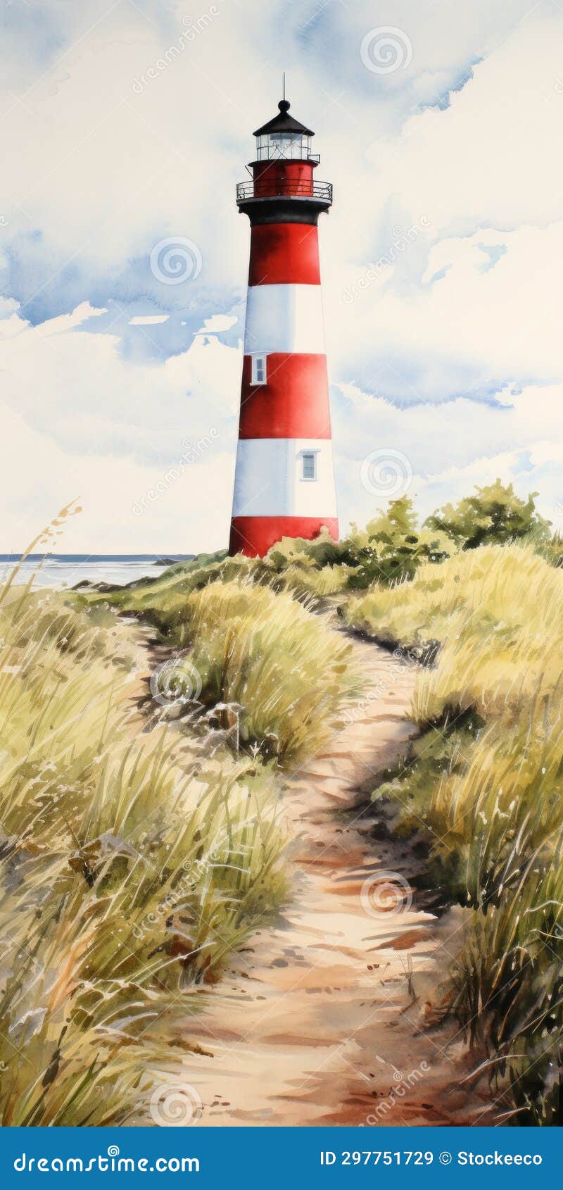 red and white lighthouse painting on paper: aquarellist style